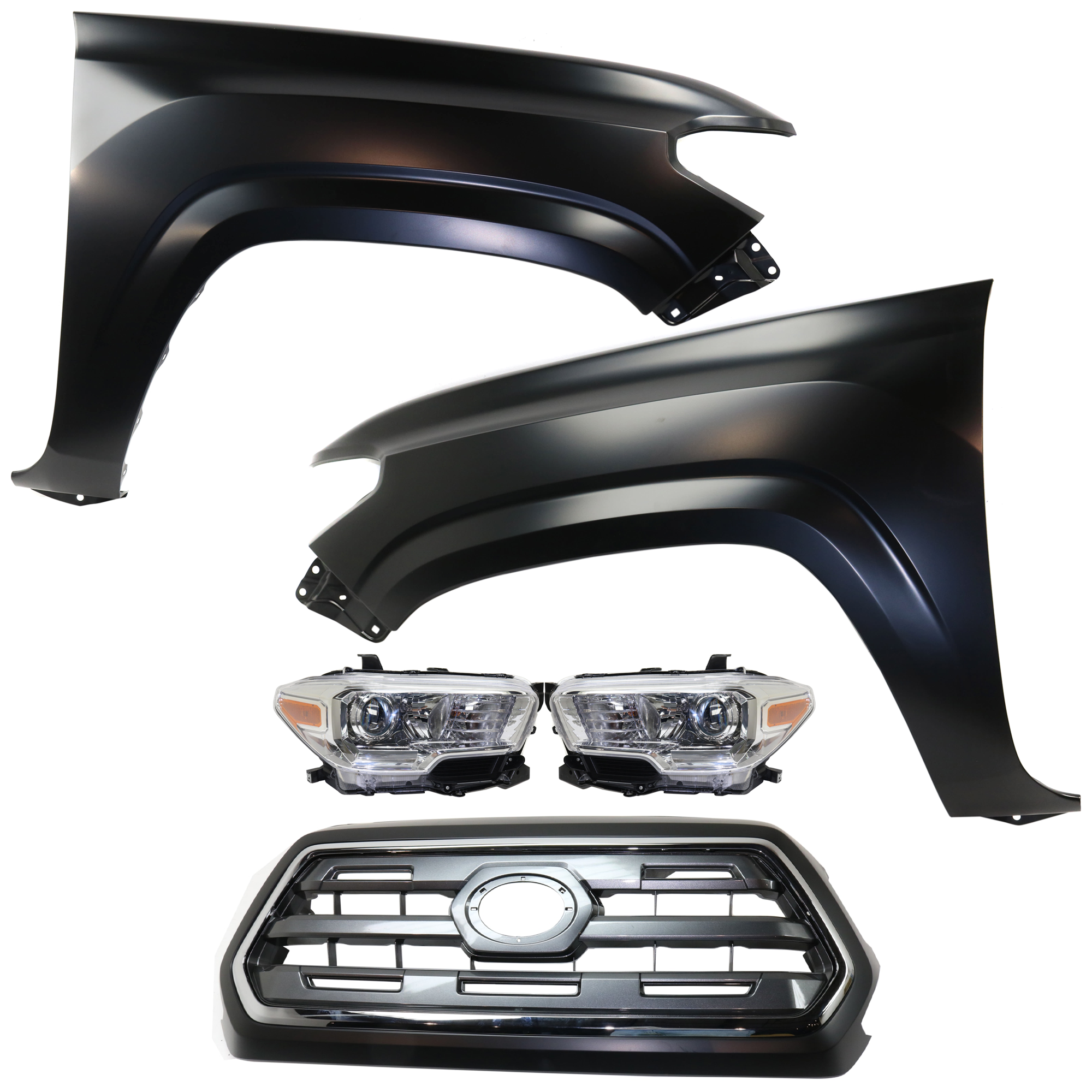 AM TACOMA 16-17 HEAD LAMP RH AND LH Assembly Halogen 5 pc Kit with Fenders and Grille Assembly CAPA SKU KIT 031323-246 Partslink TO1200409C TO1240261C TO1241261C TO2502242C TO2503242C OEM 5310004540C0-5381104110-538120