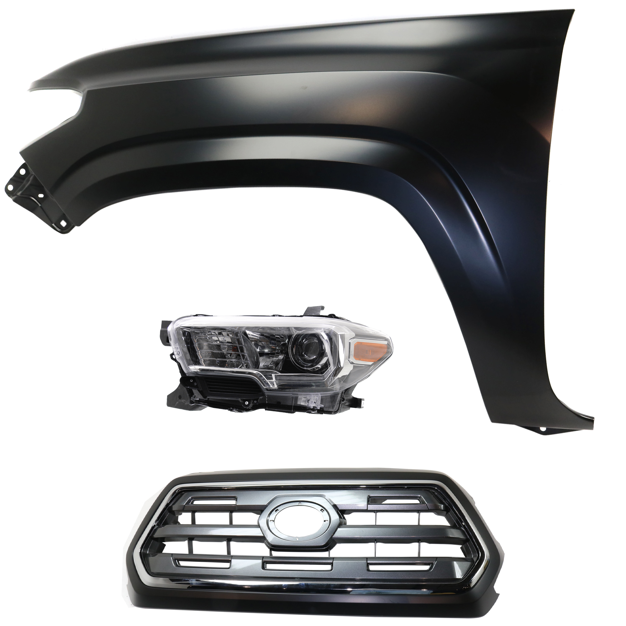 AM TACOMA 16-17 HEAD LAMP LH Assembly Halogen 3 pc Kit with Fender and Grille Assembly CAPA SKU KIT 031323-24802 Partslink TO1200409C TO1240261C TO2502244C OEM 5310004540C0-5381204110-811500