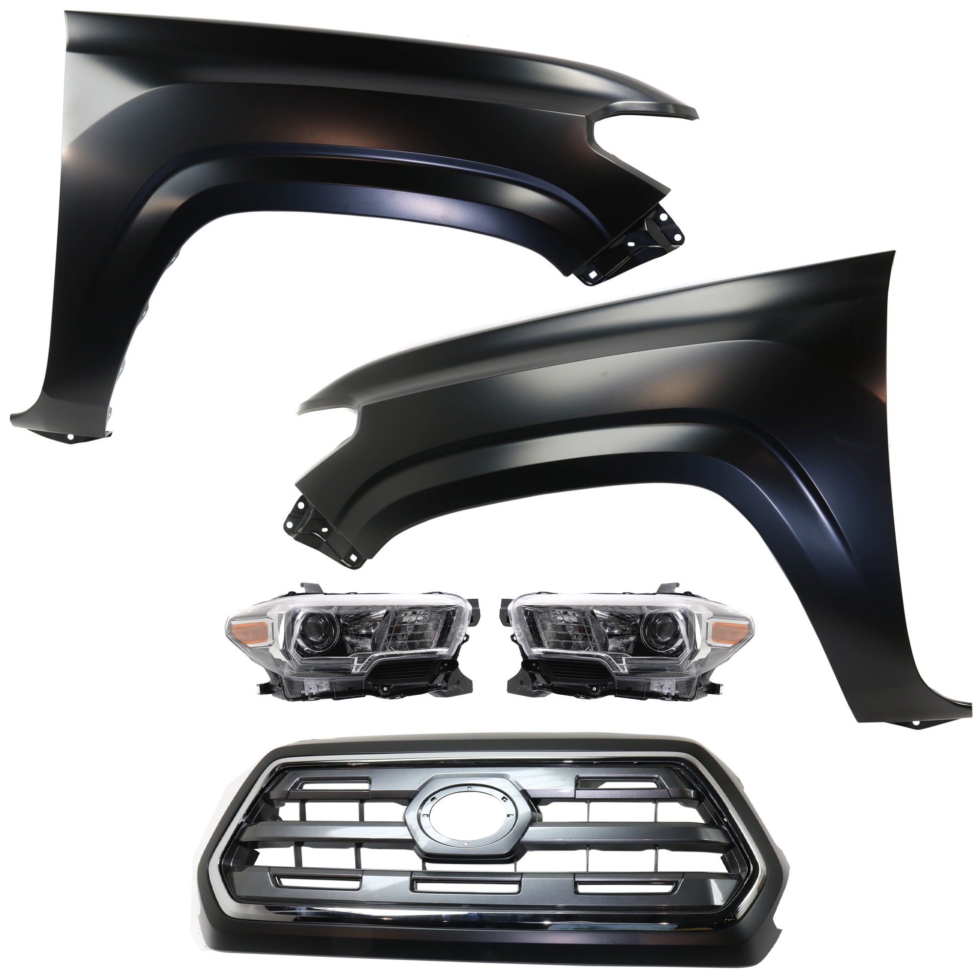 AM TACOMA 16-17 HEAD LAMP RH AND LH Assembly Halogen 5 pc Kit with Fenders and Grille Assembly CAPA SKU KIT 031323-248 Partslink TO1200409C TO1240261C TO1241261C TO2502244C TO2503244C OEM 5310004540C0-5381104110-538120