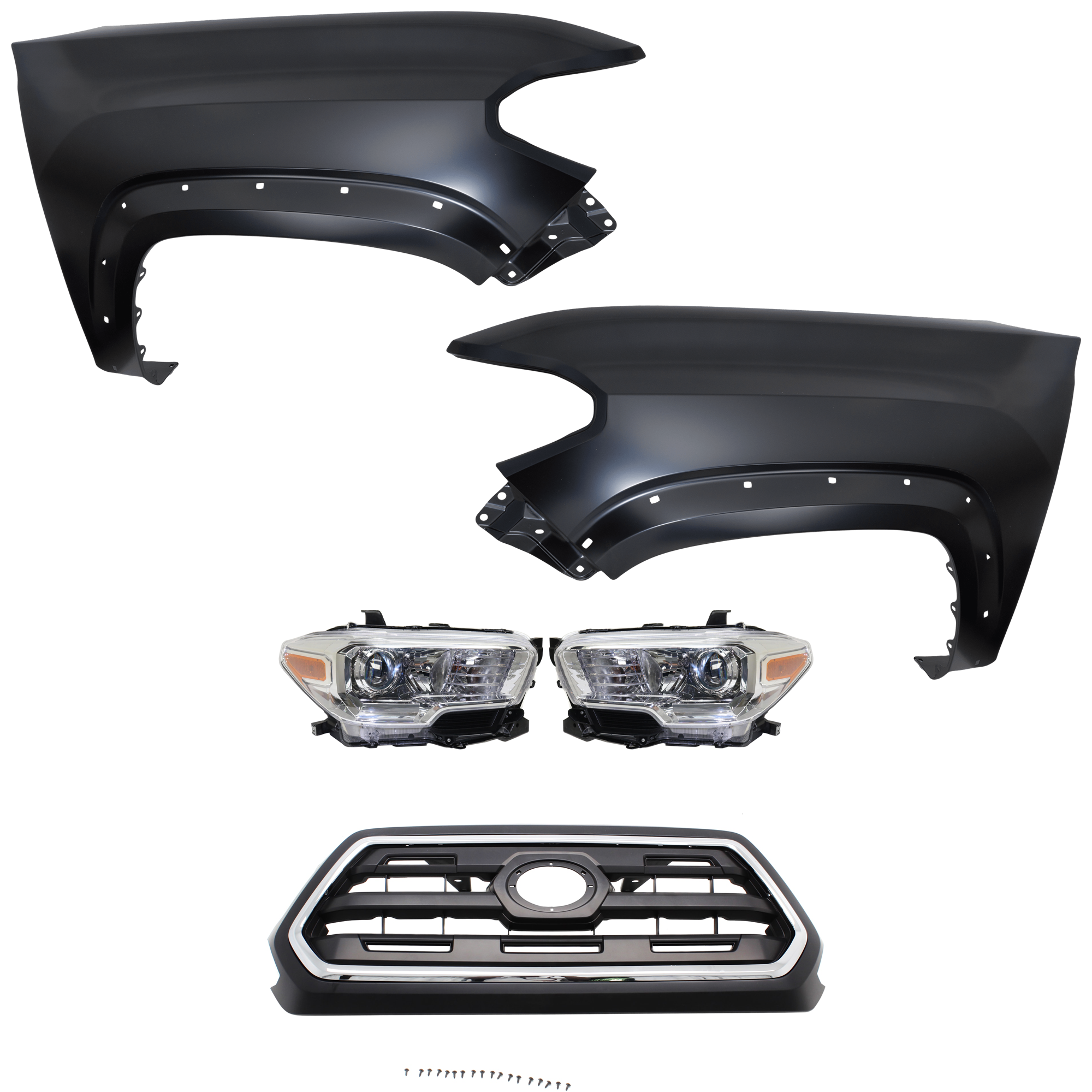 AM TACOMA 16-17 HEAD LAMP RH AND LH Assembly Halogen 5 pc Kit with Fender and Grille Assembly CAPA SKU KIT 031323-259 Partslink TO1200408C TO1240262C TO1241262C TO2502242C TO2503242C OEM 5310004510C8-5381104120-538120