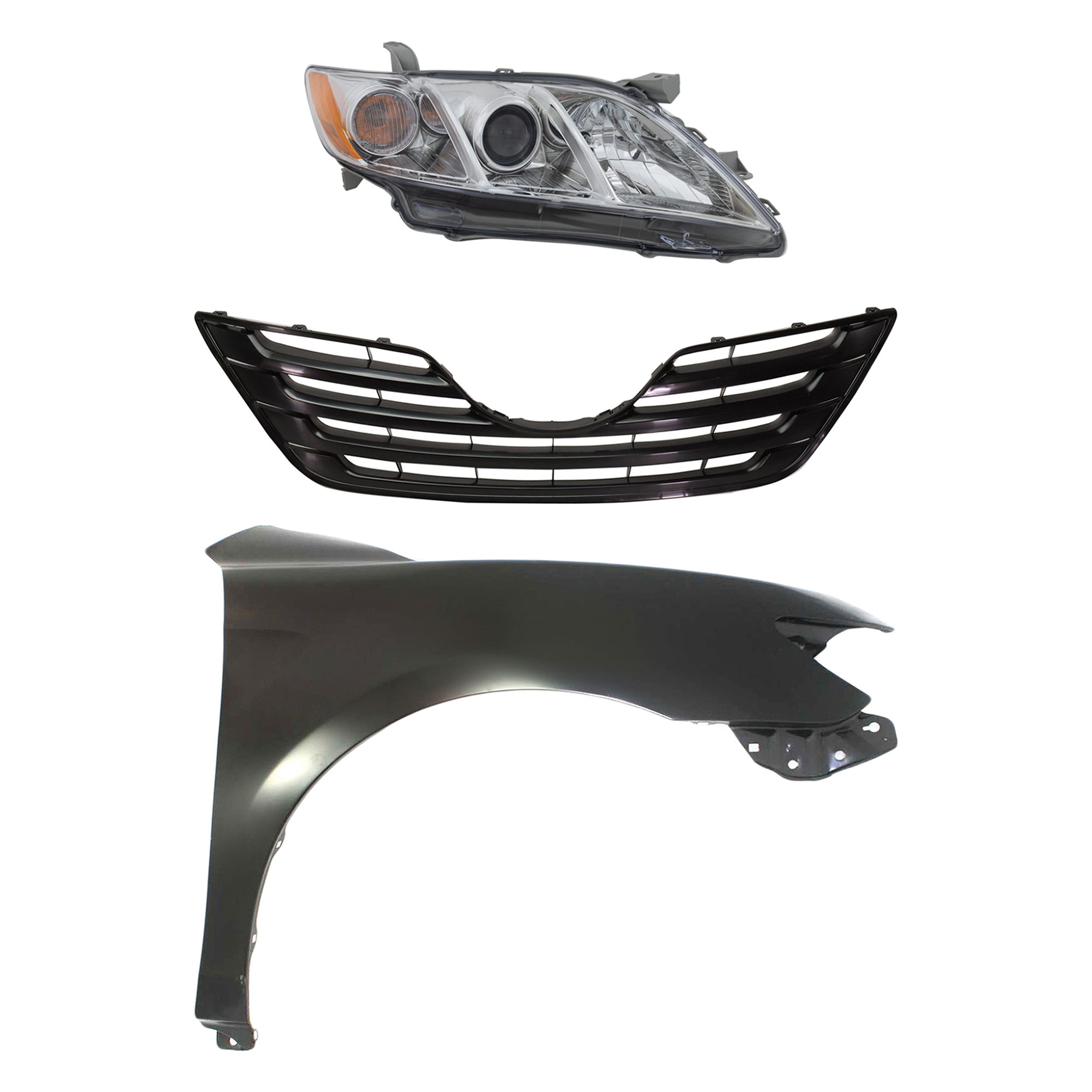 AM CAMRY 07-09 HEAD LAMP RH 3 pc Kit Assembly Halogen USA Built with Fender and Grille CAPA SKU KIT 031323-2601 Partslink TO1200288 TO1241211C TO2503197C OEM 5311106090C0-5380106110-811100