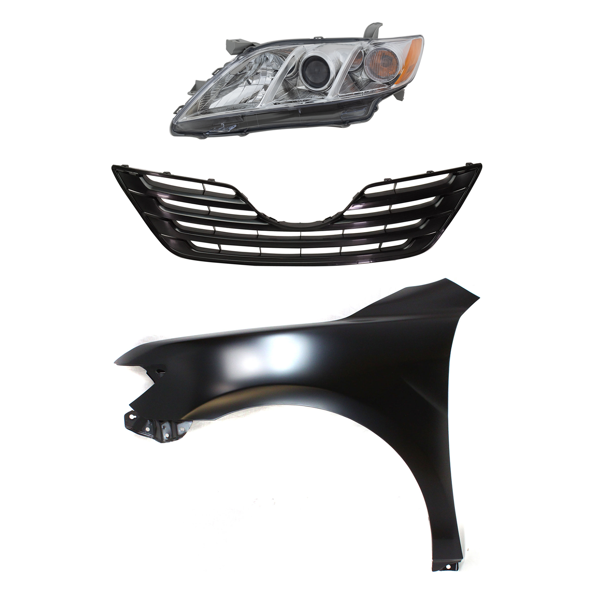 AM CAMRY 07-09 HEAD LAMP LH 3 pc Kit Assembly Halogen USA Built with Fender and Grille CAPA SKU KIT 031323-2602 Partslink TO1200288 TO1240211C TO2502197C OEM 5311106090C0-5380206120-811500