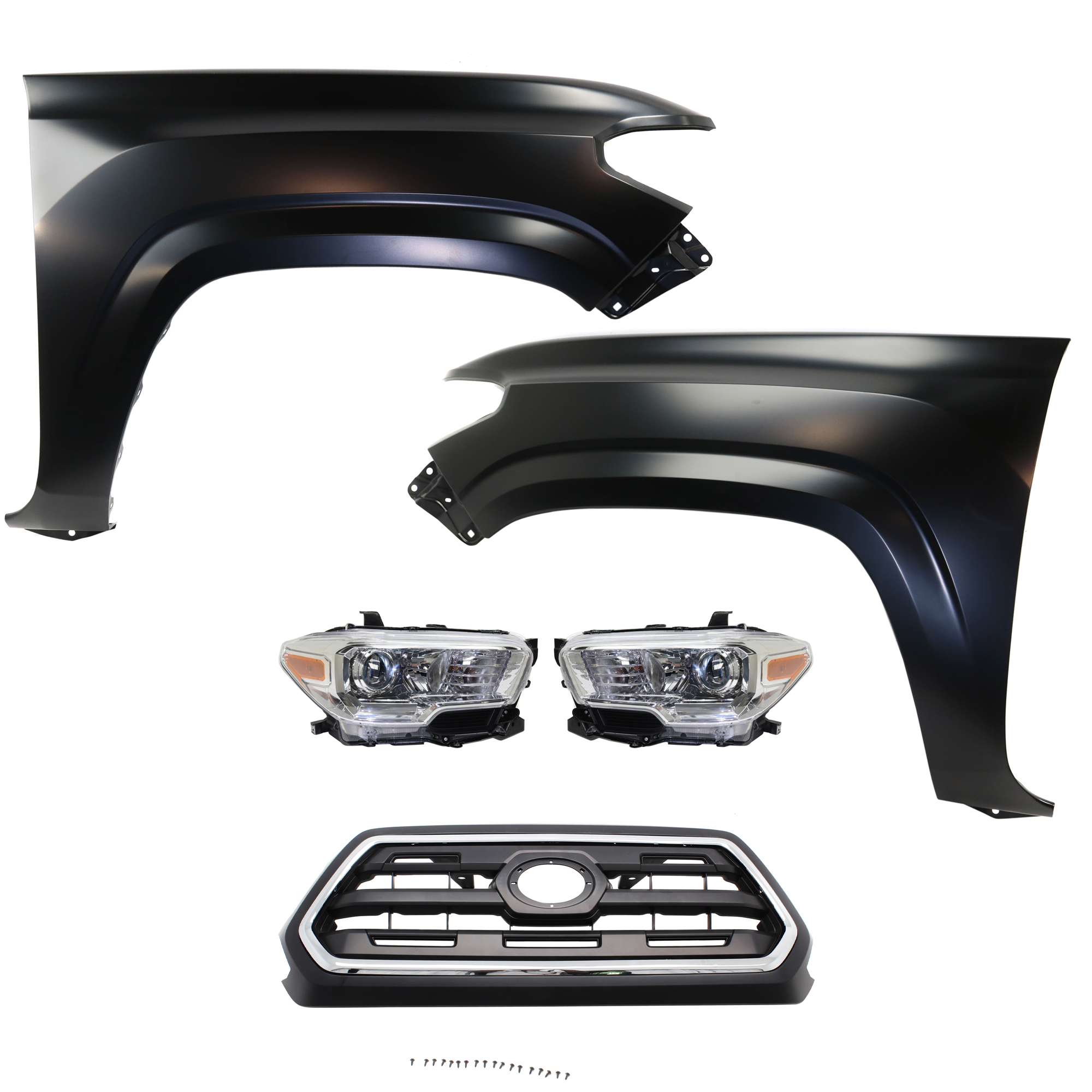 AM TACOMA 16-17 HEAD LAMP RH AND LH Assembly Halogen 5 pc Kit with Fenders and Grille Assembly CAPA SKU KIT 031323-263 Partslink TO1200408C TO1240261C TO1241261C TO2502242C TO2503242C OEM 5310004510C8-5381104110-538120