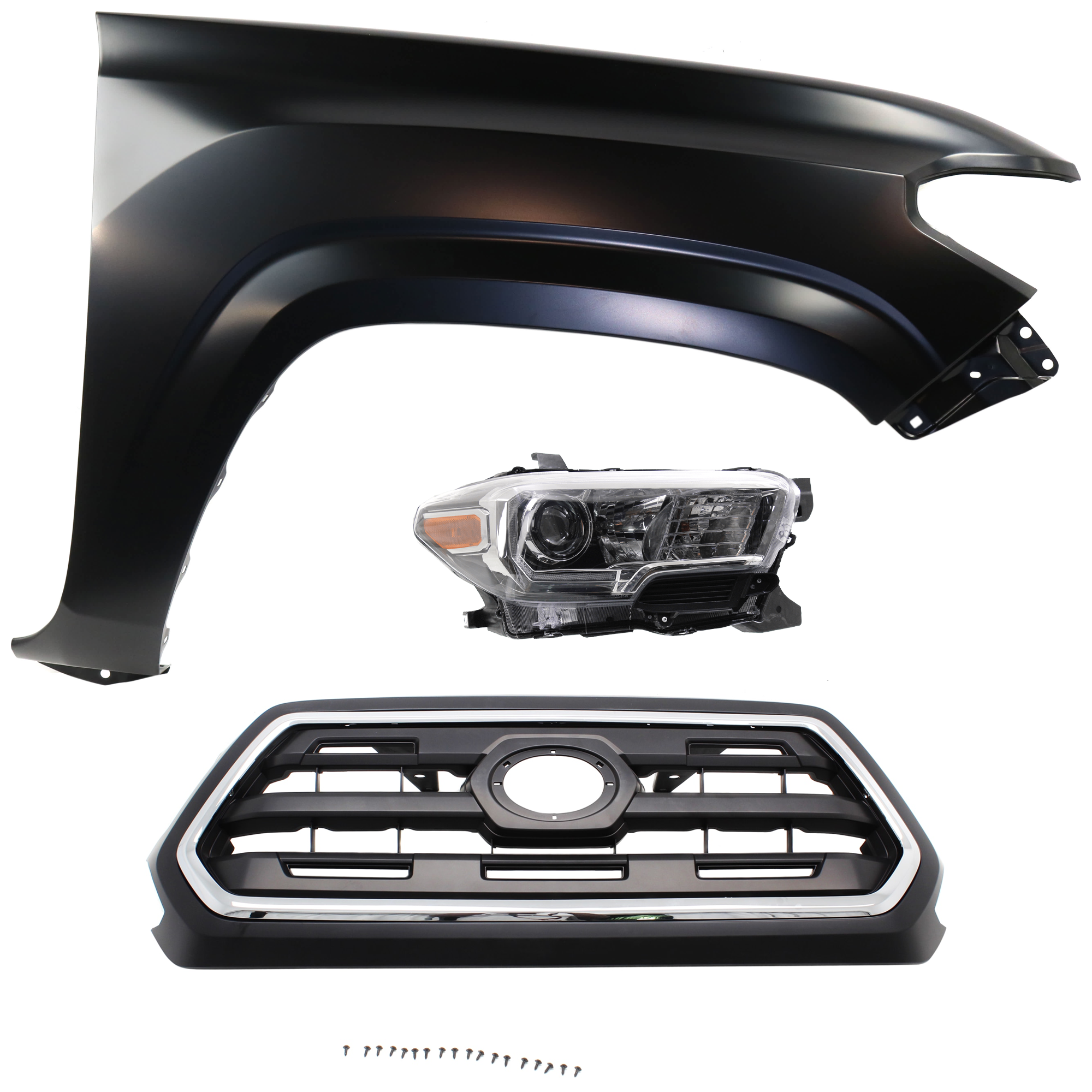 AM TACOMA 16-17 HEAD LAMP RH Assembly Halogen 3 pc Kit with Fender and Grille Assembly CAPA SKU KIT 031323-26401 Partslink TO1200408C TO1241261C TO2503244C OEM 5310004510C8-5381104110-811100