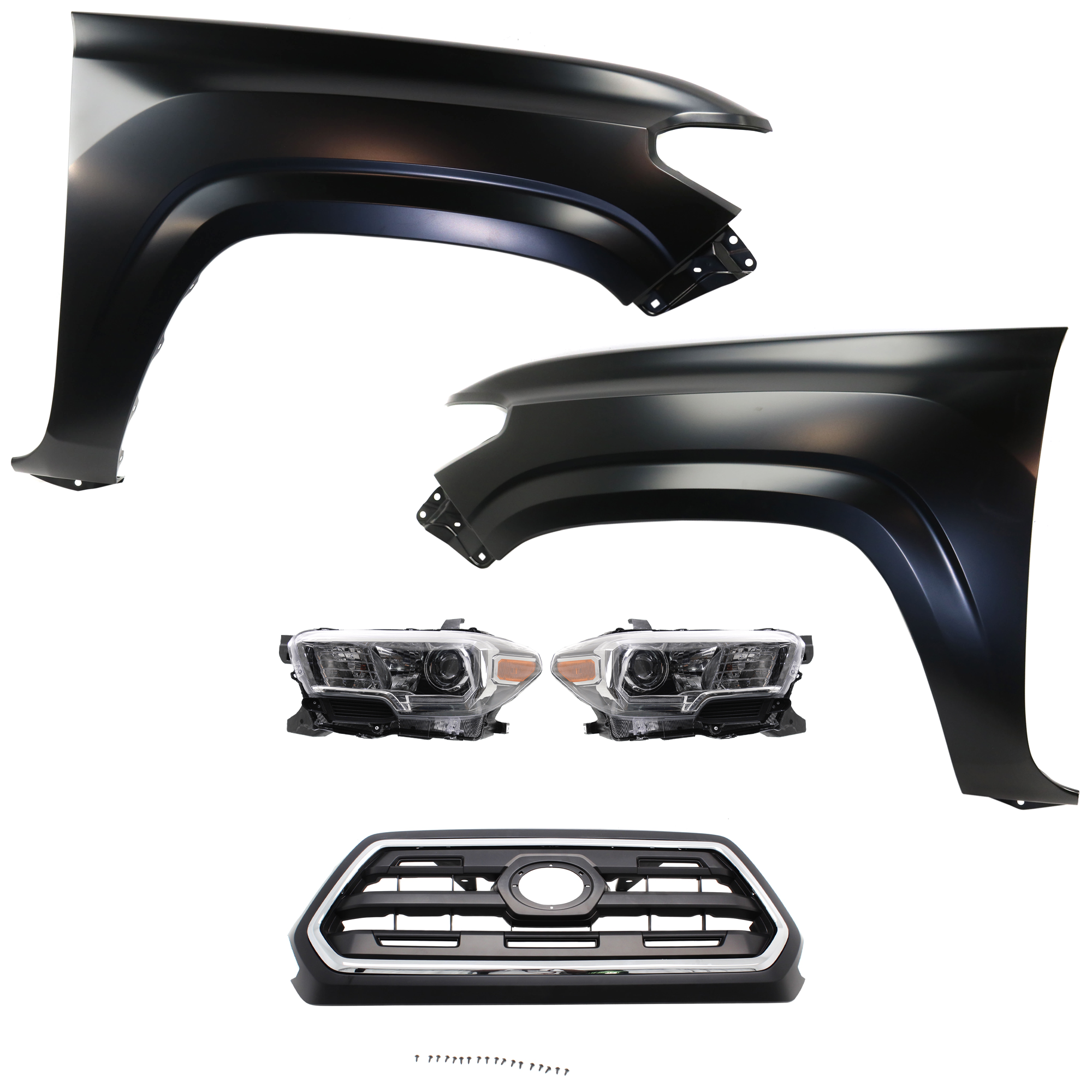AM TACOMA 16-17 HEAD LAMP RH AND LH Assembly Halogen 5 pc Kit with Fenders and Grille Assembly CAPA SKU KIT 031323-264 Partslink TO1200408C TO1240261C TO1241261C TO2502244C TO2503244C OEM 5310004510C8-5381104110-538120