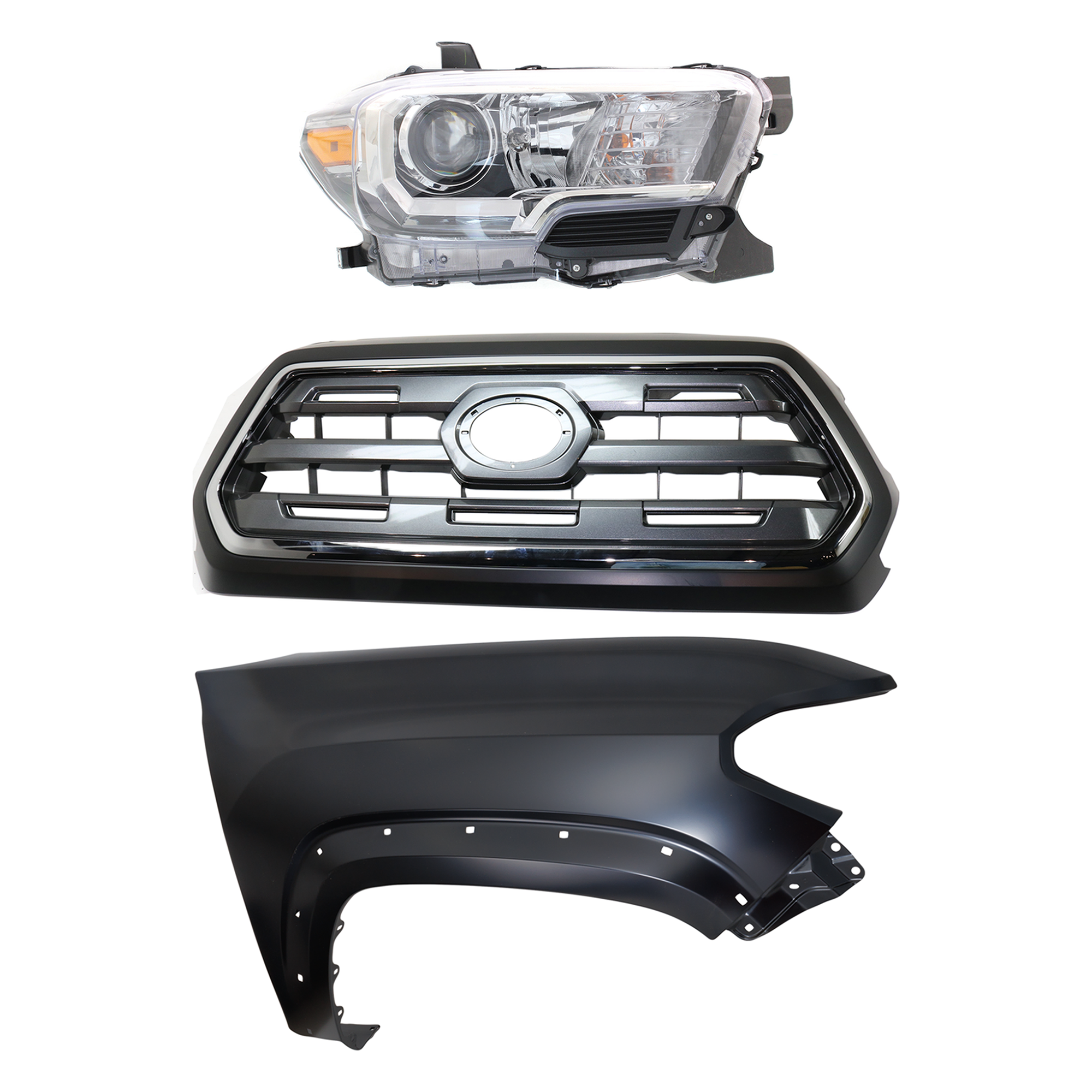 AM TACOMA 16-17 GRILLE Chrome Shell with Painted Black Insert 3 pc Kit with Fender and Headlight SKU KIT 031323-26601 Partslink TO1200409 TO1241262 TO2503243 OEM 5310004540C0-5381104120-811100