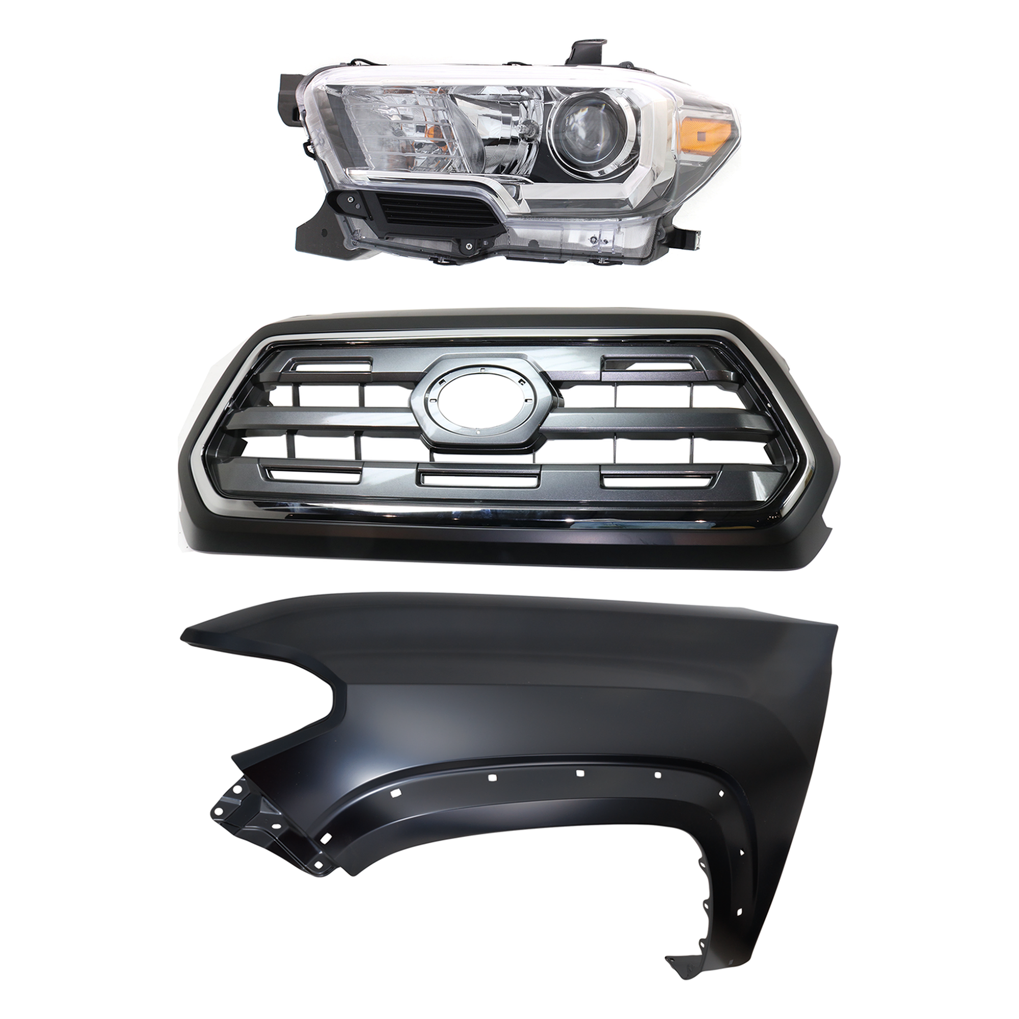 AM TACOMA 16-17 GRILLE Chrome Shell with Painted Black Insert 3 pc Kit with Fender and Headlight SKU KIT 031323-26602 Partslink TO1200409 TO1240262 TO2502243 OEM 5310004540C0-5381204120-811500