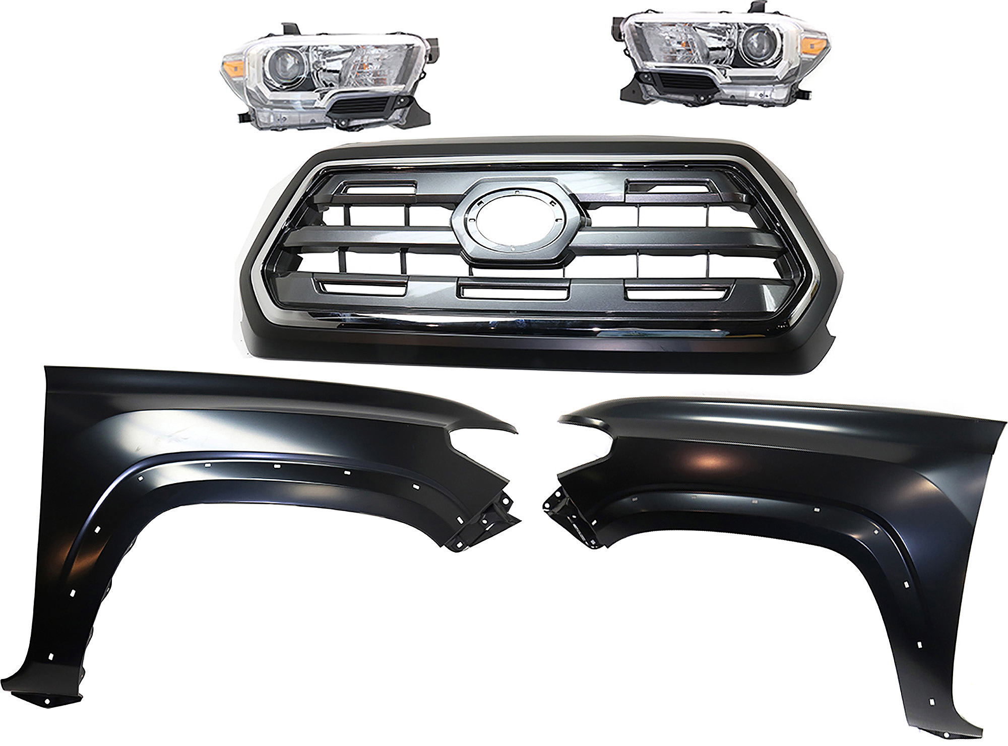 AM TACOMA 16-17 GRILLE Chrome Shell with Painted Black Insert 5 pc Kit with Fenders and Headlights SKU KIT 031323-266 Partslink TO1200409 TO1241262 TO1240262 TO2503243 TO2502243 OEM 5310004540C0-5381104120-538120