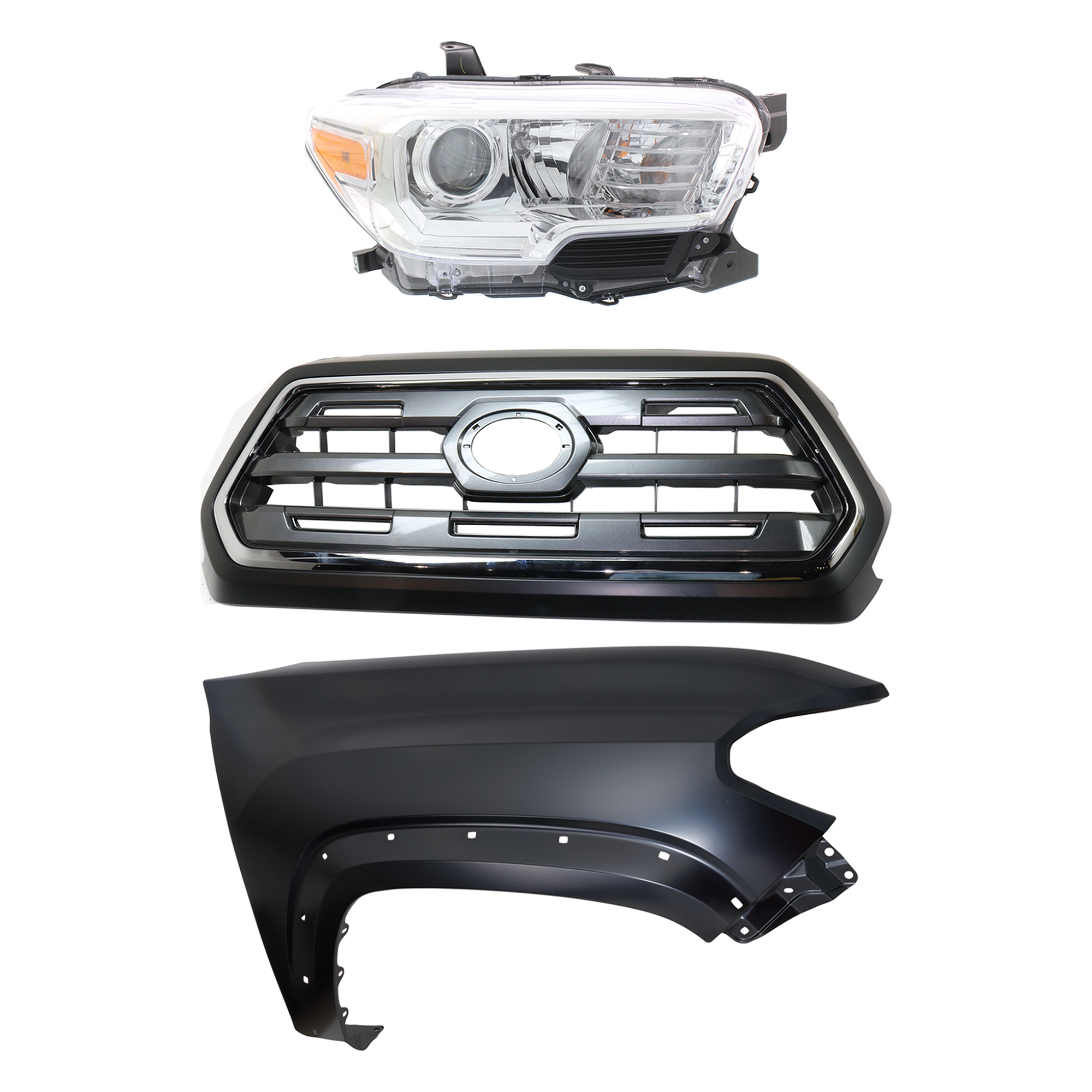 AM TACOMA 16-17 GRILLE Chrome Shell with Painted Black Insert 3 pc Kit with Fender and Headlight SKU KIT 031323-26701 Partslink TO1200409 TO1241262 TO2503242 OEM 5310004540C0-5381104120-811100