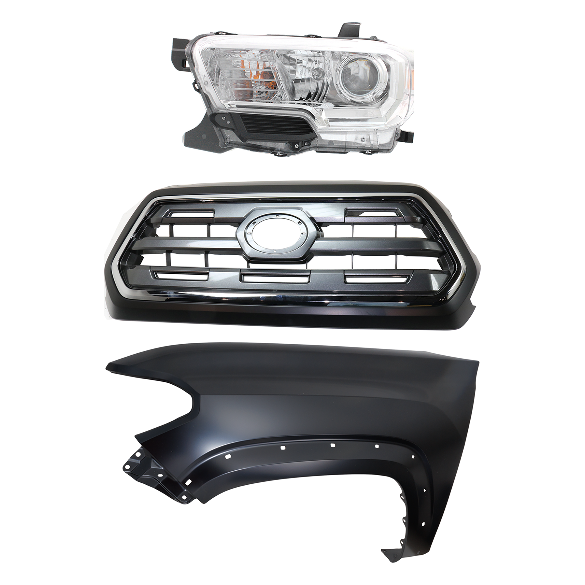 AM TACOMA 16-17 GRILLE Chrome Shell with Painted Black Insert 3 pc Kit with Fender and Headlight SKU KIT 031323-26702 Partslink TO1200409 TO1240262 TO2502242 OEM 5310004540C0-5381204120-811500