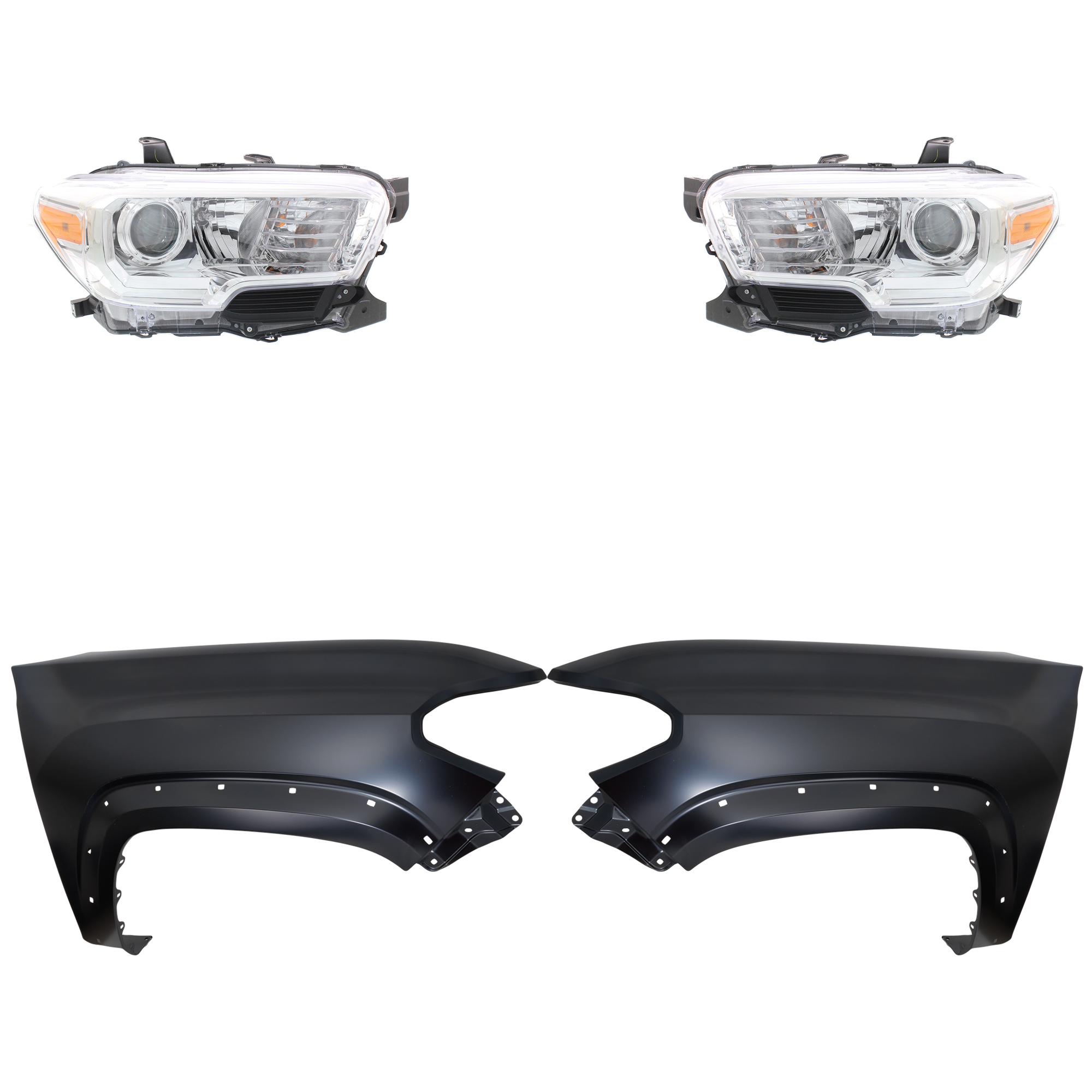 AM TACOMA 16-18 HEAD LAMP RH AND LH Assembly Halogen 4 pc Kit with Fender SKU KIT 031323-26703 Partslink TO2503242 TO2502242 TO1240262 TO1241262 OEM 8111004250-8115004250-53812041