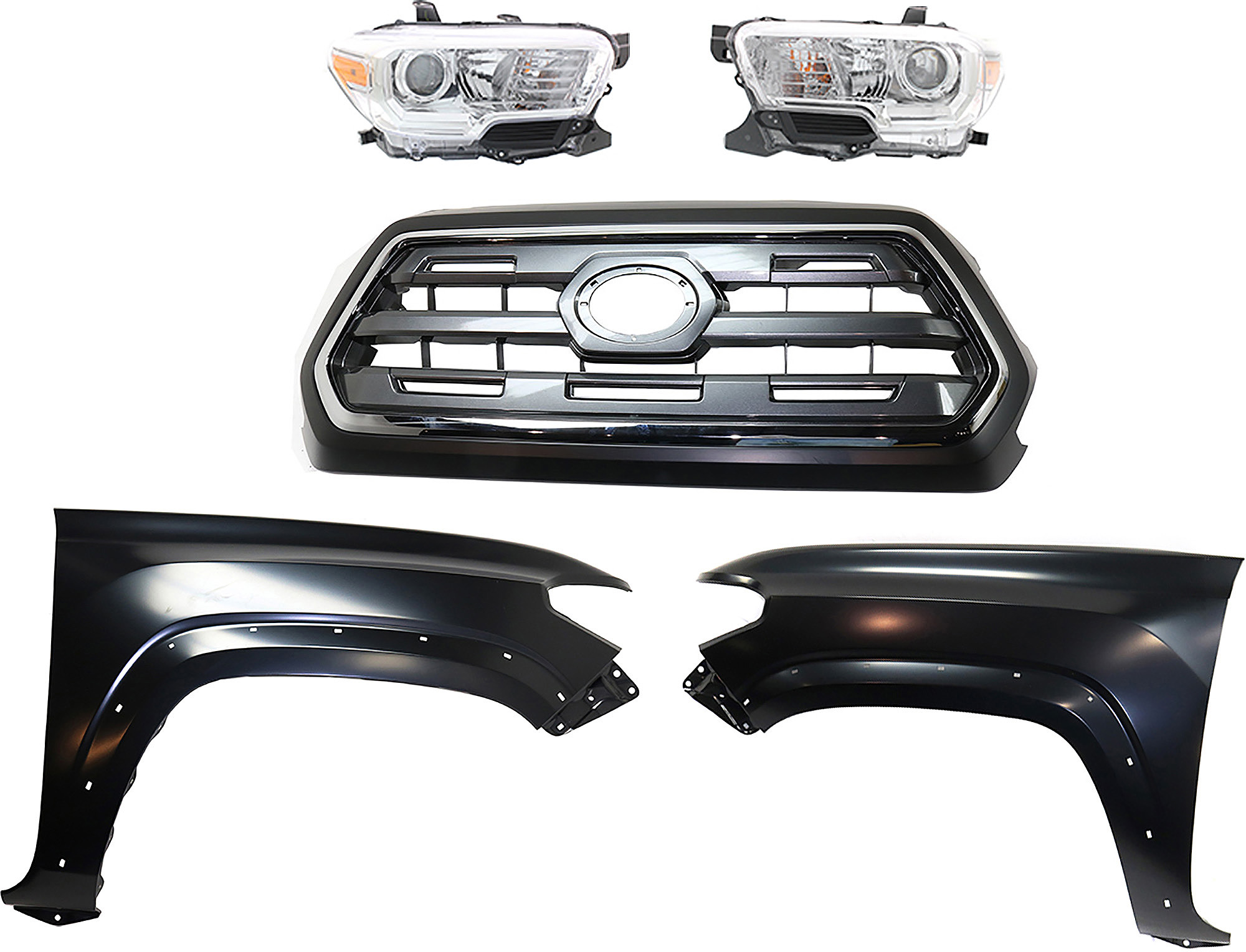 AM TACOMA 16-17 GRILLE Chrome Shell with Painted Black Insert 5 pc Kit with Fenders and Headlights SKU KIT 031323-267 Partslink TO1200409 TO1241262 TO1240262 TO2503242 TO2502242 OEM 5310004540C0-5381104120-538120
