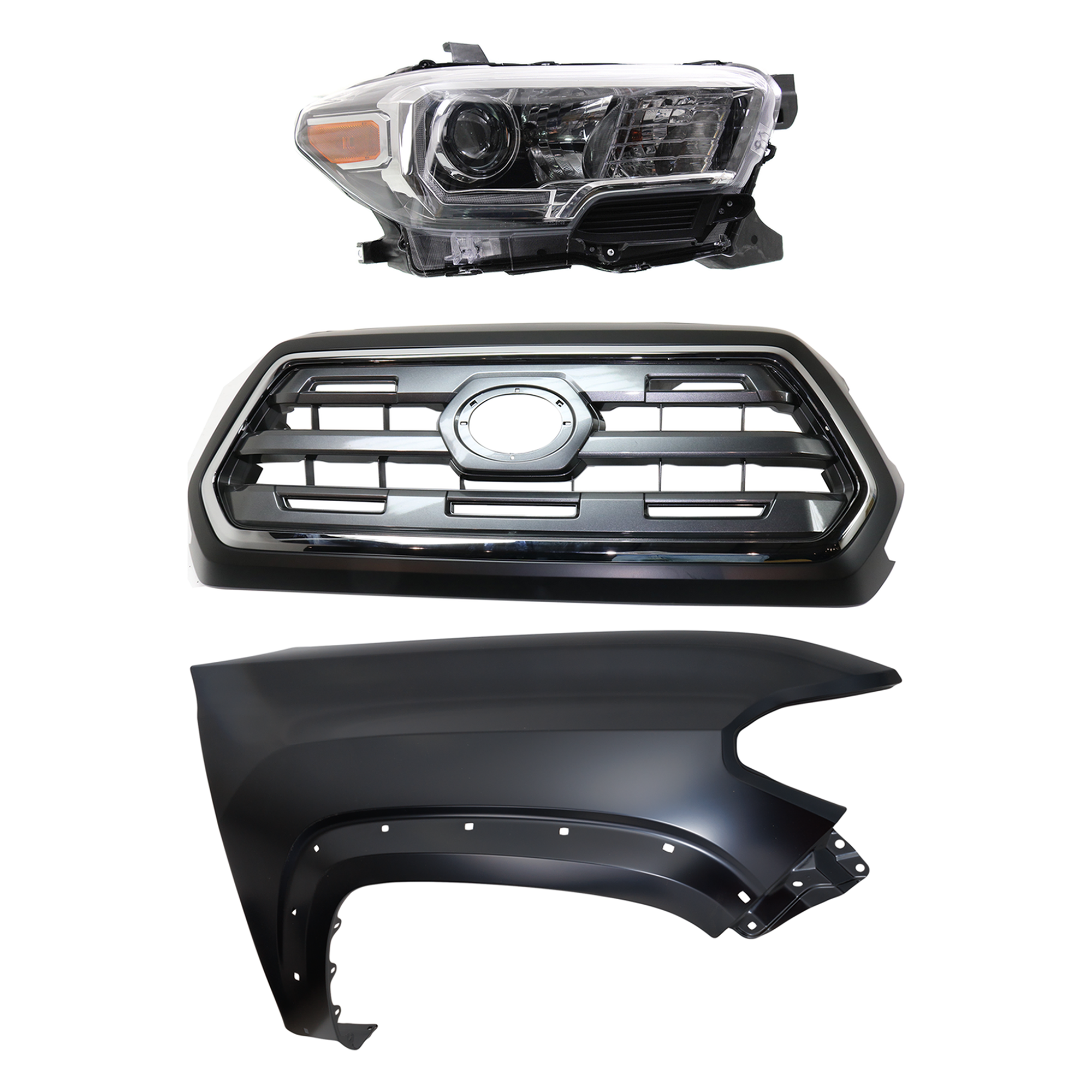 AM TACOMA 16-17 GRILLE Chrome Shell with Painted Black Insert 3 pc Kit with Fender and Headlight SKU KIT 031323-26901 Partslink TO1200409 TO1241262 TO2503244 OEM 5310004540C0-5381104120-811100