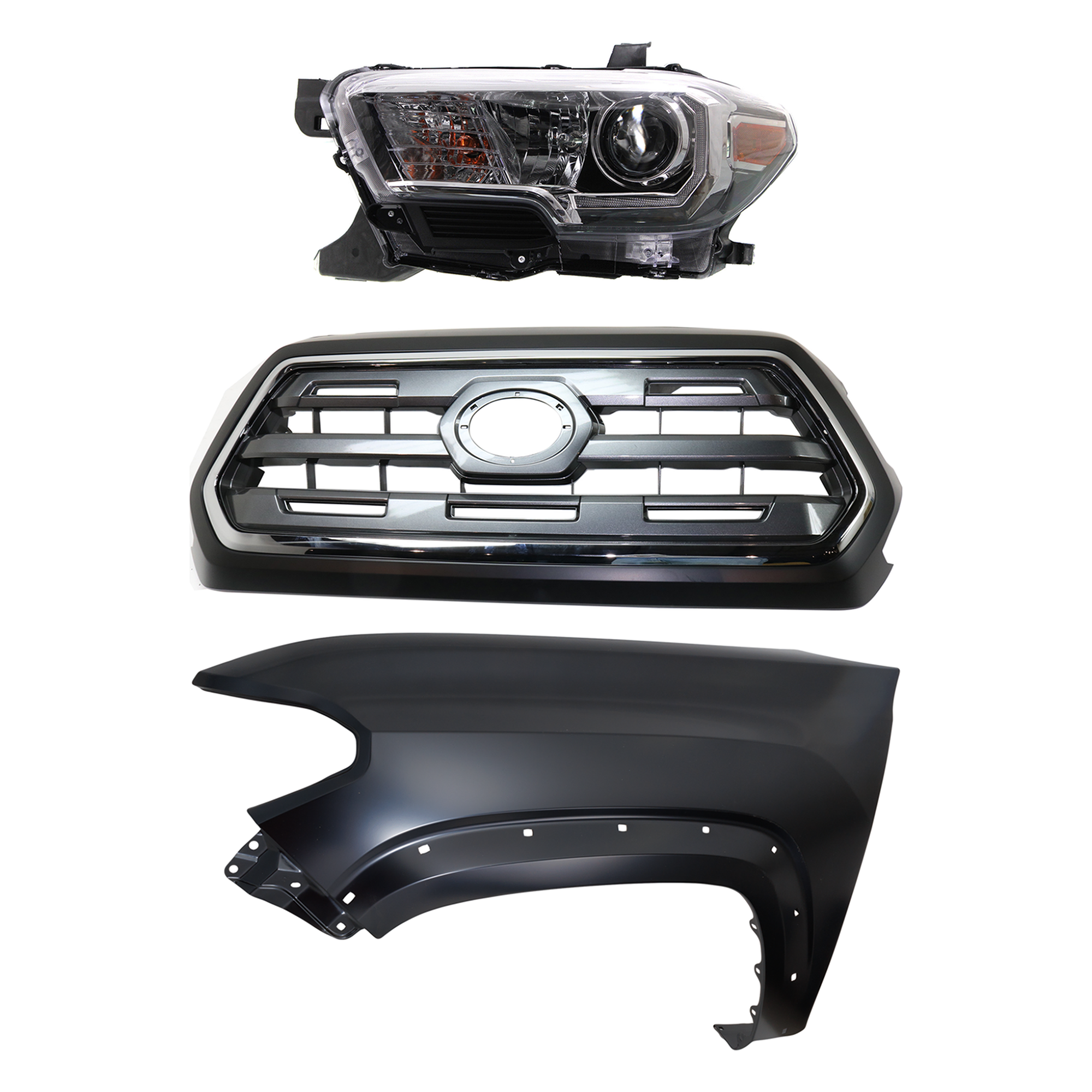 AM TACOMA 16-17 GRILLE Chrome Shell with Painted Black Insert 3 pc Kit with Fender and Headlight SKU KIT 031323-26902 Partslink TO1200409 TO1240262 TO2502244 OEM 5310004540C0-5381204120-811500