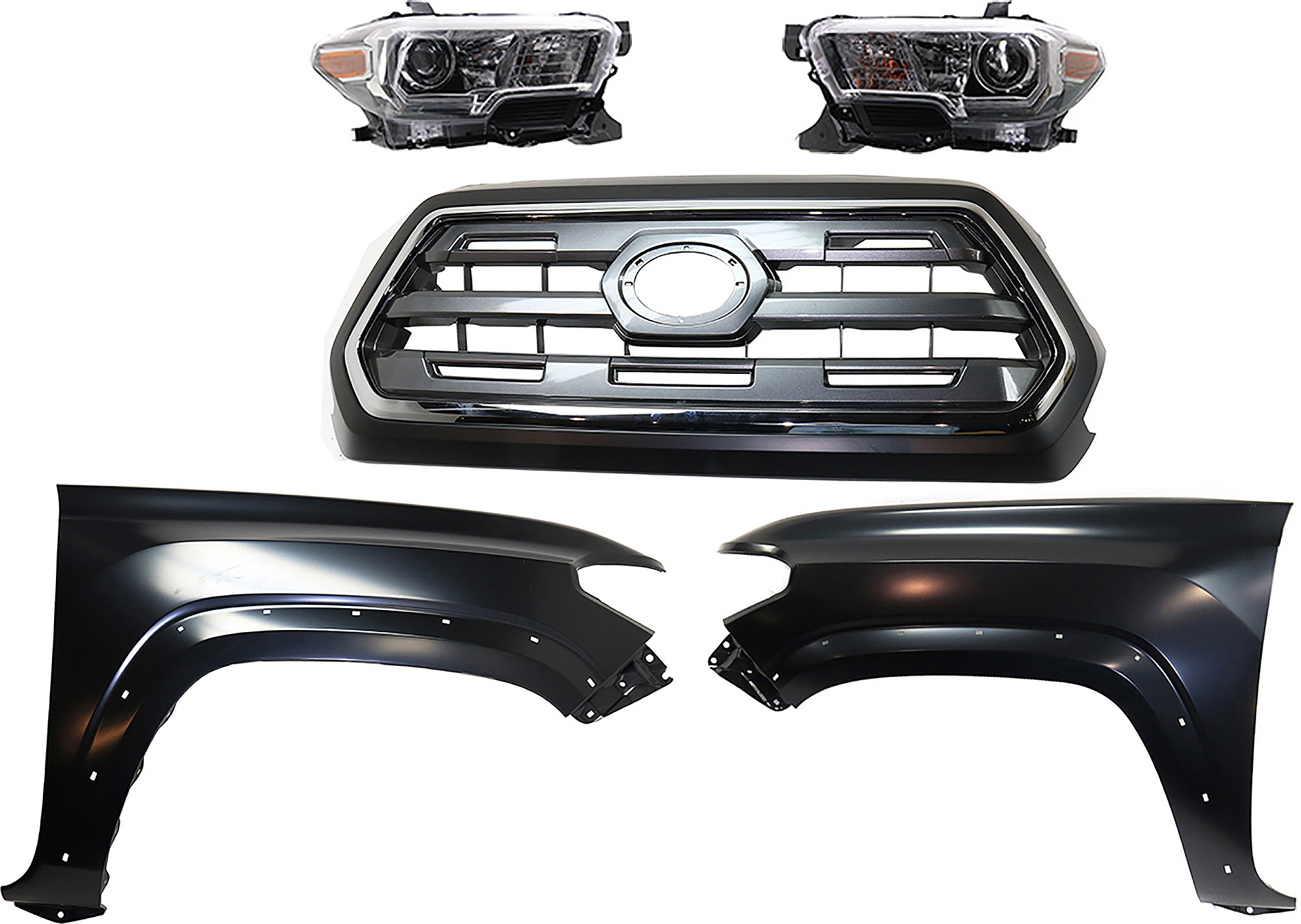 AM TACOMA 16-17 GRILLE Chrome Shell with Painted Black Insert 5 pc Kit with Fenders and Headlights SKU KIT 031323-269 Partslink TO1200409 TO1241262 TO1240262 TO2503244 TO2502244 OEM 5310004540C0-5381104120-538120