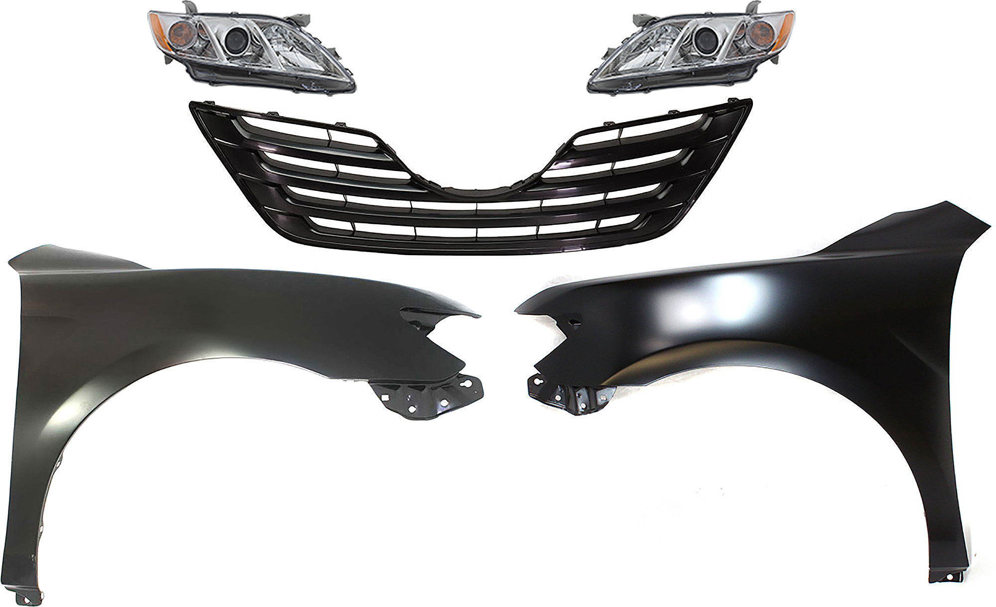 AM CAMRY 07-09 HEAD LAMP RH AND LH Assembly Halogen 5 pc Kit USA Built with Fenders and Grille CAPA SKU KIT 031323-26 Partslink TO1200288 TO1240211C TO1241211C TO2502197C TO2503197C OEM 5311106090C0-5380106110-538020