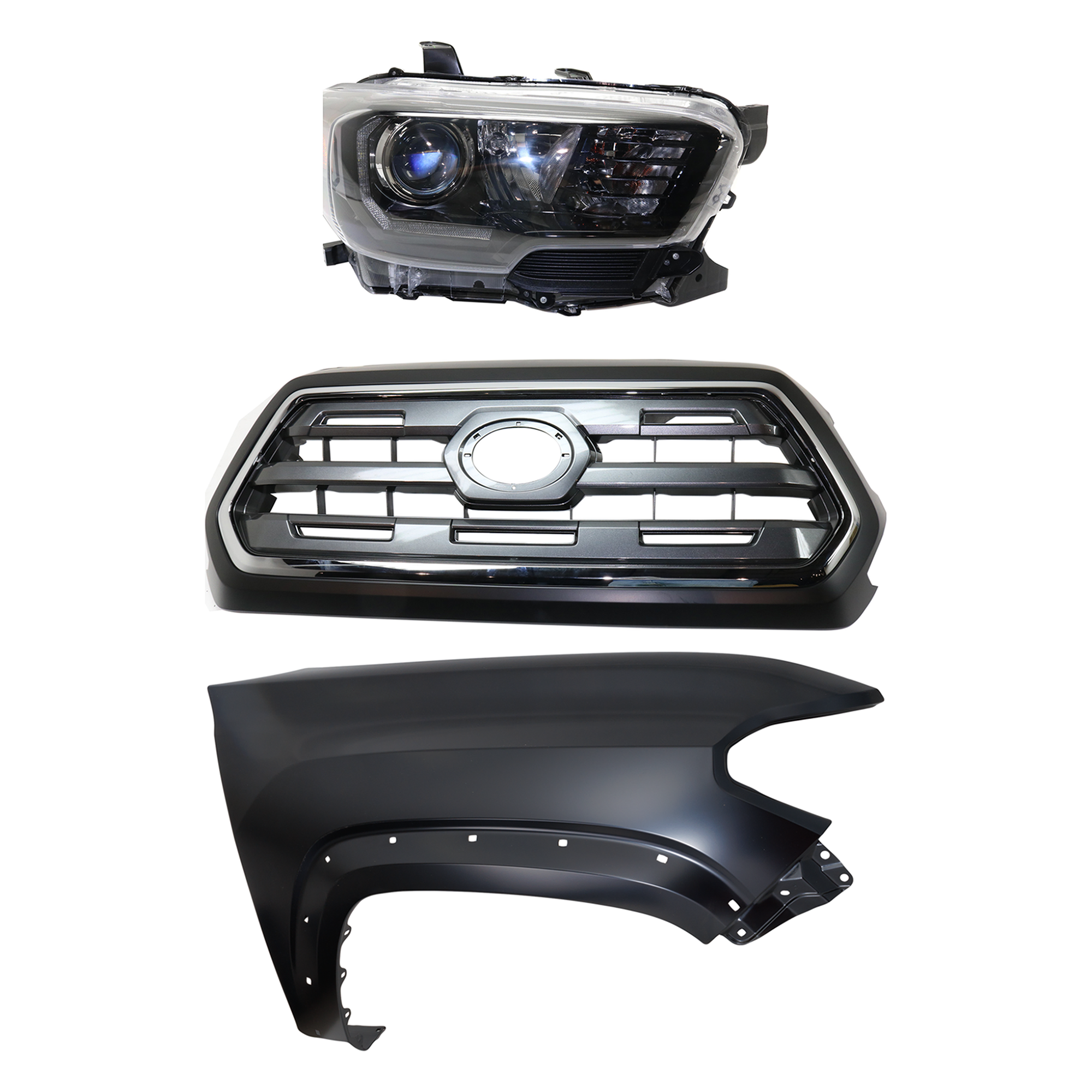 AM TACOMA 17-17 HEAD LAMP RH Assembly Halogen 3 pc Kit with Fender and Grille Assembly SKU KIT 031323-27001 Partslink TO2503254 TO1241262 TO1200409 OEM 8111004280-5381104120-53100045