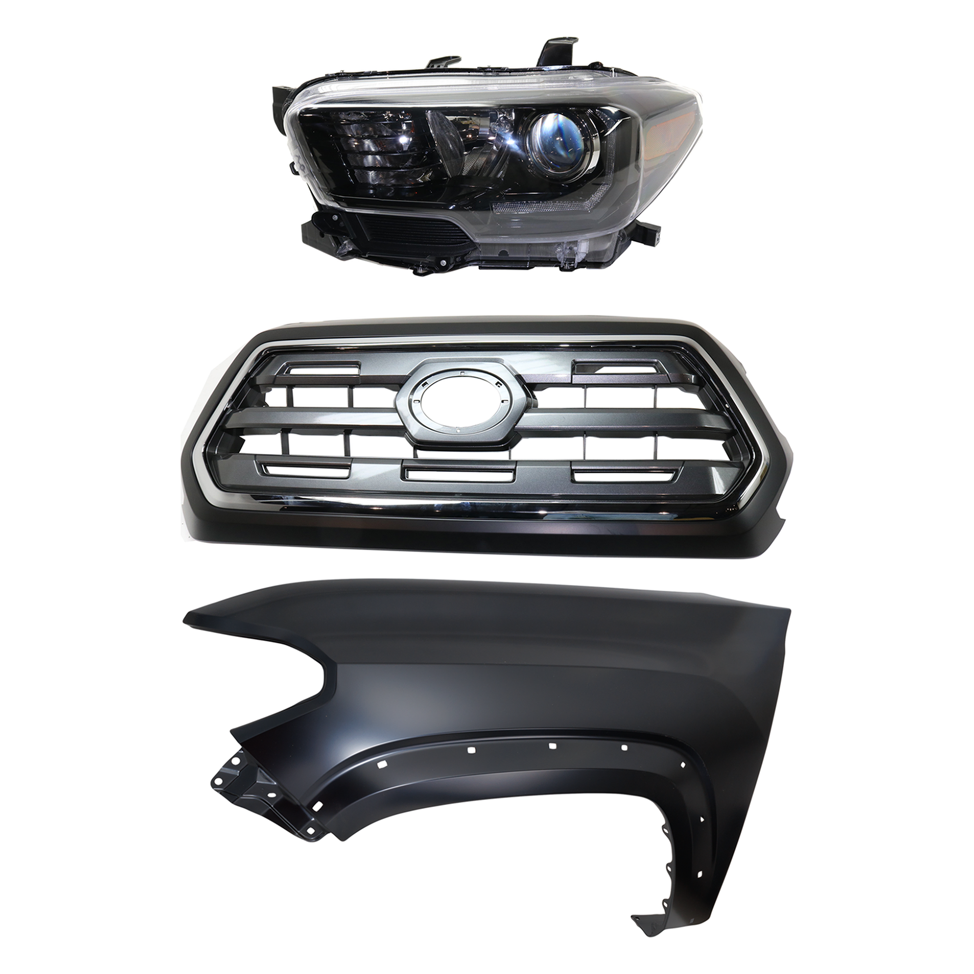 AM TACOMA 17-17 HEAD LAMP LH Assembly Halogen 3 pc Kit with Fender and Grille Assembly SKU KIT 031323-27002 Partslink TO2502254 TO1240262 TO1200409 OEM 8115004280-5381204120-53100045