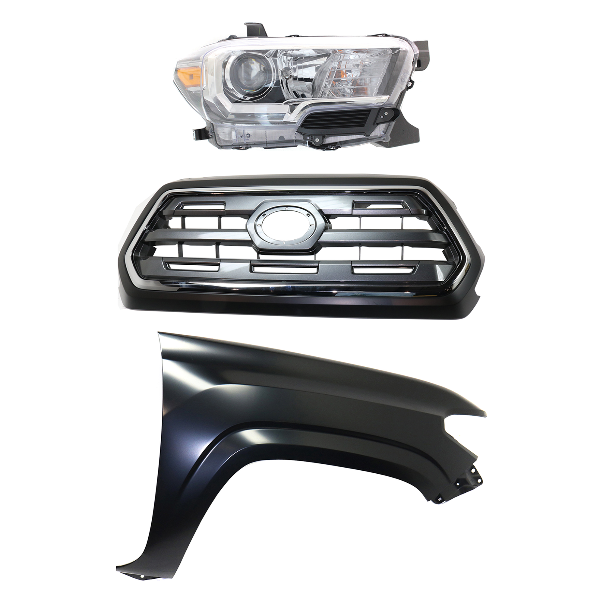 AM TACOMA 16-17 GRILLE Chrome Shell with Painted Black Insert 3 pc Kit with Fender and Headlight SKU KIT 031323-27101 Partslink TO1200409 TO1241261 TO2503243 OEM 5310004540C0-5381104110-811100