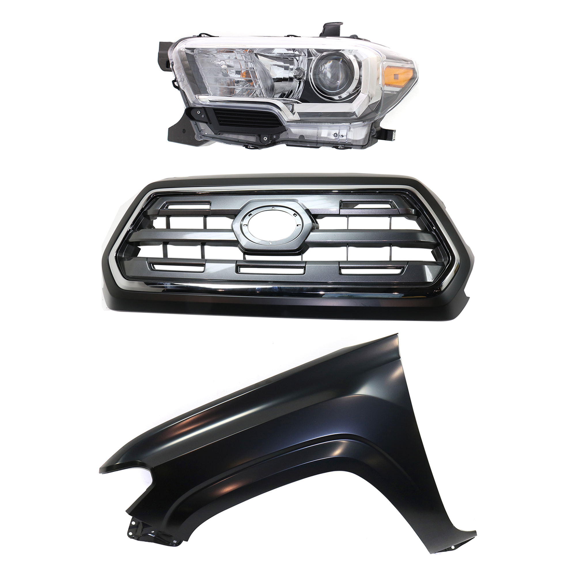 AM TACOMA 16-17 GRILLE Chrome Shell with Painted Black Insert 3 pc Kit with Fender and Headlight SKU KIT 031323-27102 Partslink TO1200409 TO1240261 TO2502243 OEM 5310004540C0-5381204110-811500