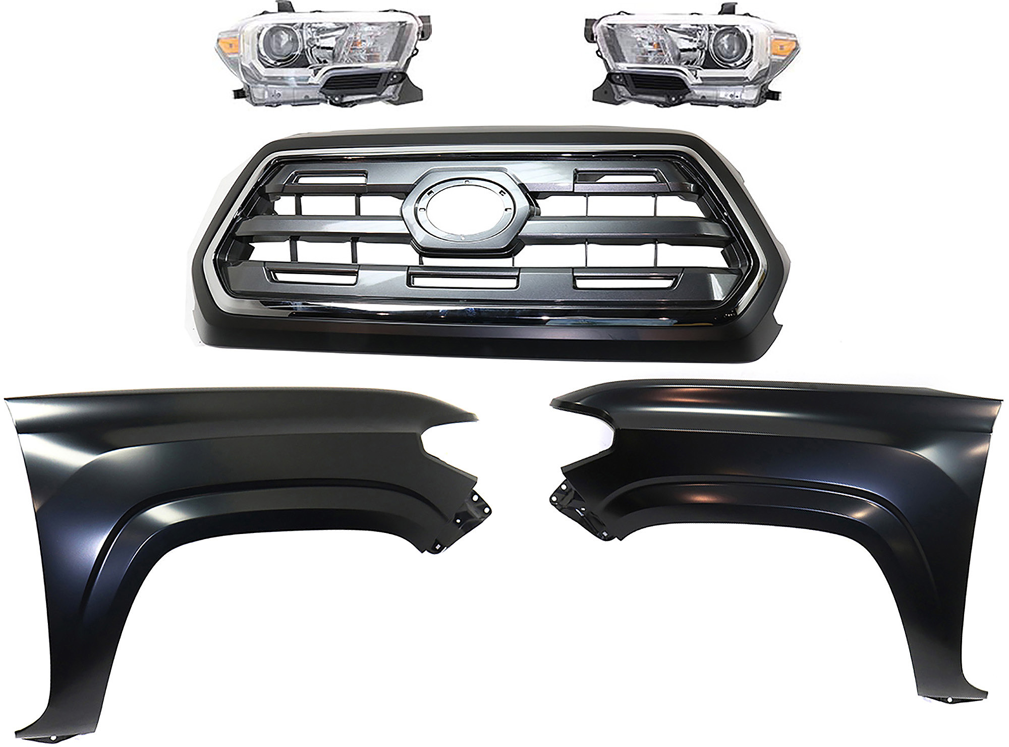 AM TACOMA 16-17 GRILLE Chrome Shell with Painted Black Insert 5 pc Kit with Fenders and Headlights SKU KIT 031323-271 Partslink TO1200409 TO1241261 TO1240261 TO2503243 TO2502243 OEM 5310004540C0-5381104110-538120