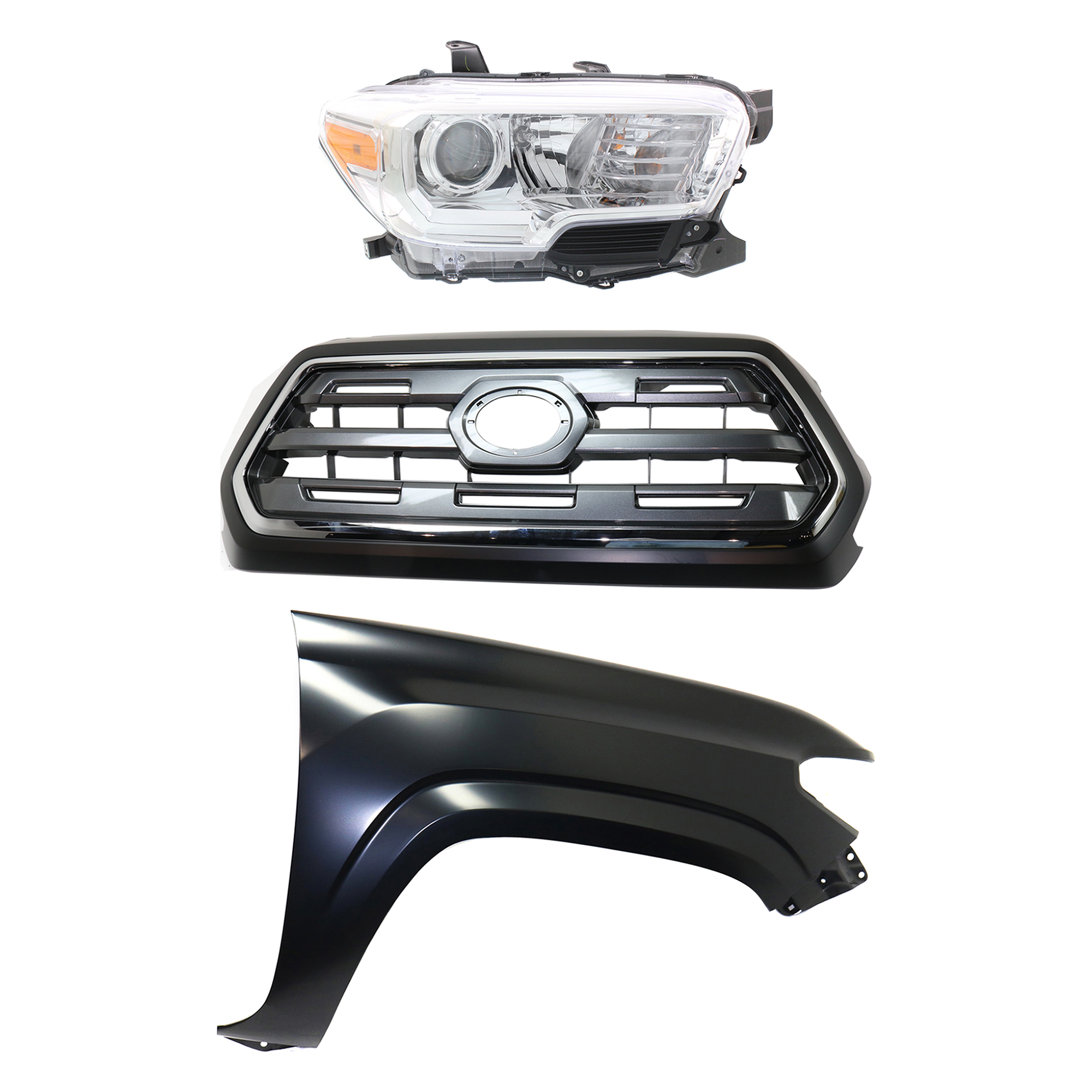 AM TACOMA 16-17 GRILLE Chrome Shell with Painted Black Insert 3 pc Kit with Fender and Headlight SKU KIT 031323-27201 Partslink TO1200409 TO1241261 TO2503242 OEM 5310004540C0-5381104110-811100