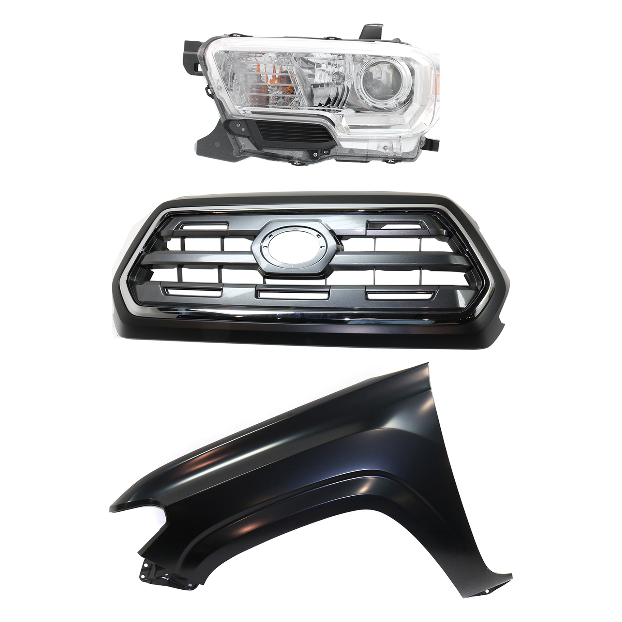 AM TACOMA 16-17 GRILLE Chrome Shell with Painted Black Insert 3 pc Kit with Fender and Headlight SKU KIT 031323-27202 Partslink TO1200409 TO1240261 TO2502242 OEM 5310004540C0-5381204110-811500