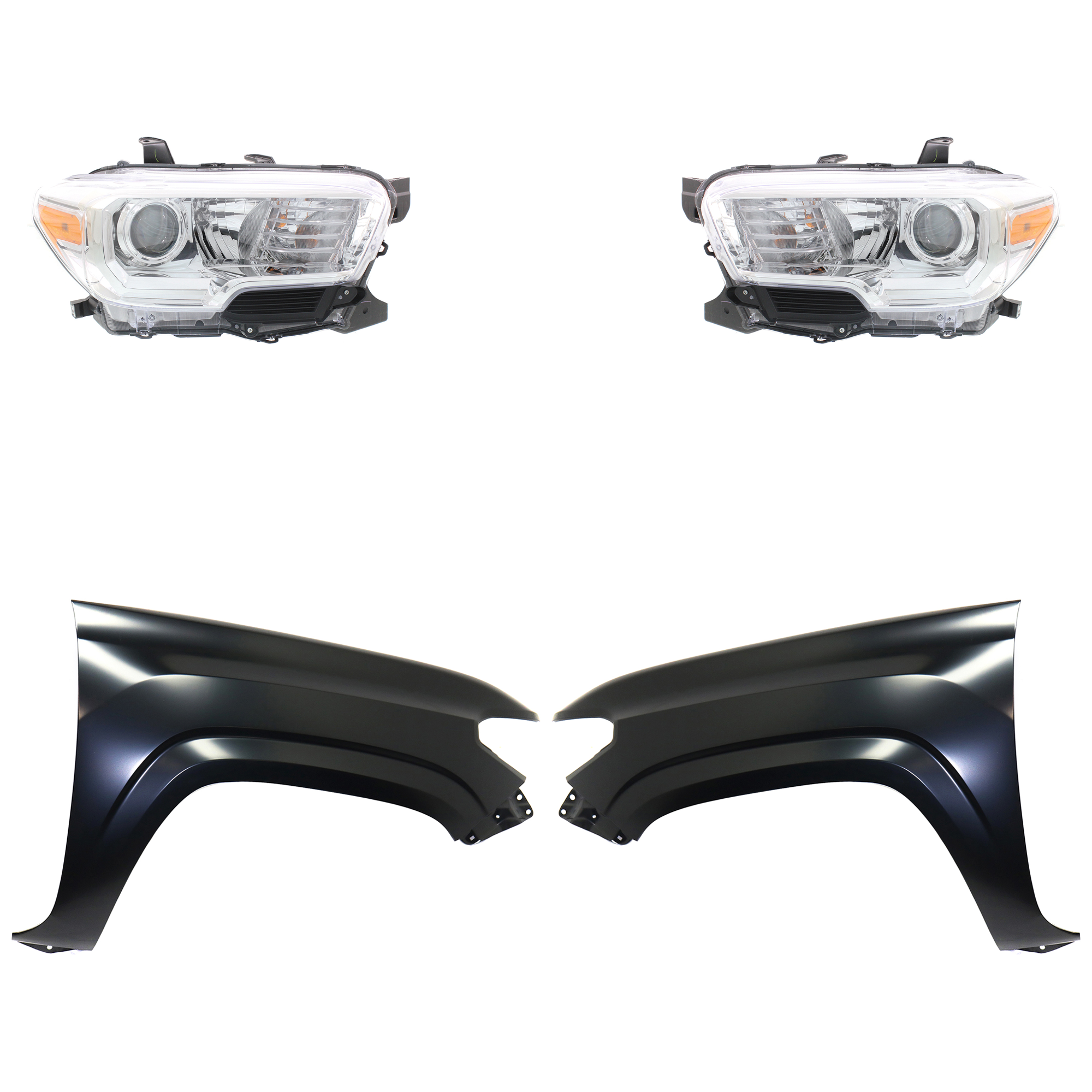 AM TACOMA 16-18 HEAD LAMP RH AND LH Assembly Halogen 4 pc Kit with Fenders SKU KIT 031323-27203 Partslink TO2503242 TO2502242 TO1240261 TO1241261 OEM 8111004250-8115004250-53812041