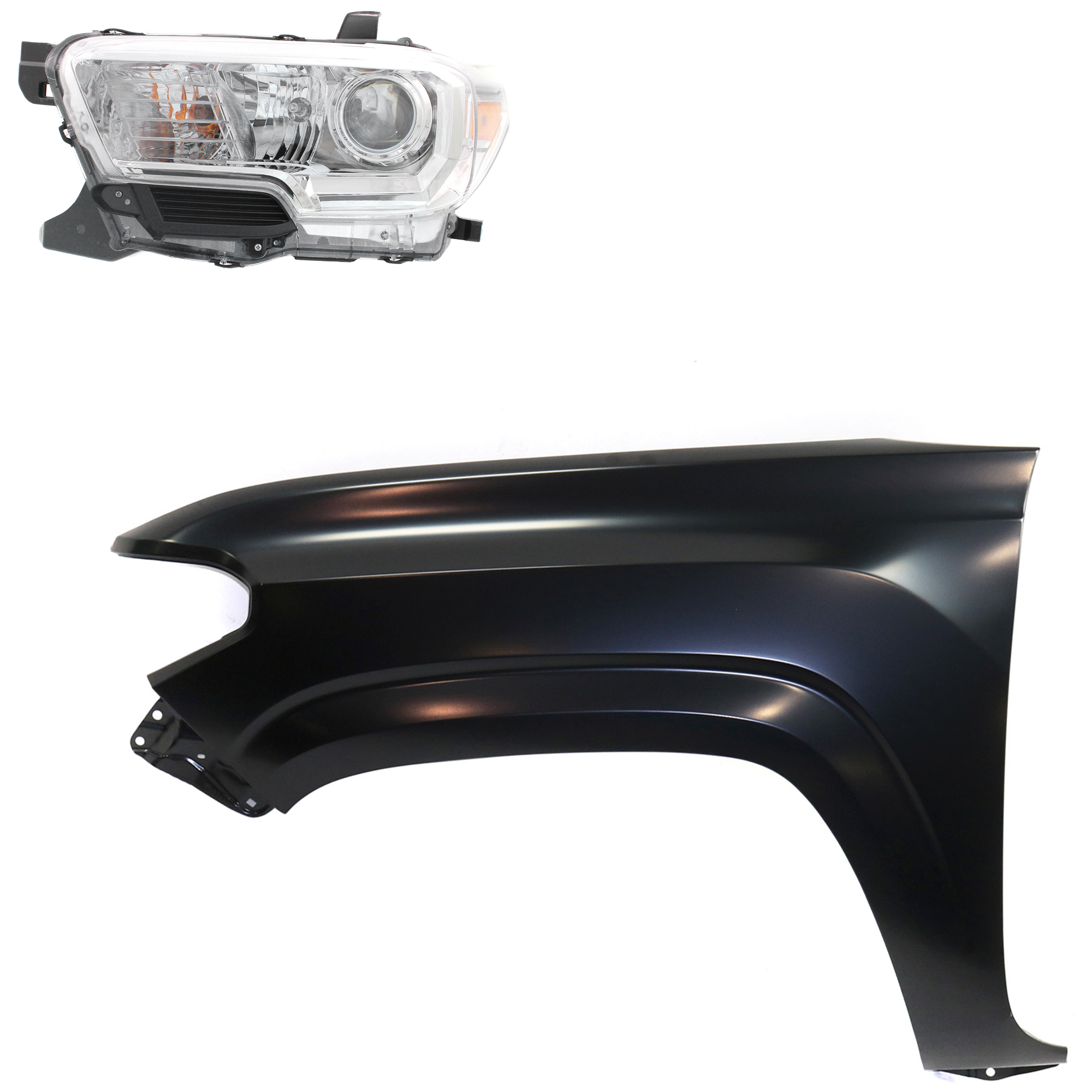 AM TACOMA 16-18 HEAD LAMP LH Assembly Halogen 2 pc Kit with Fender SKU KIT 031323-27205 Partslink TO2502242 TO1240261 OEM 8115004250-5381204110