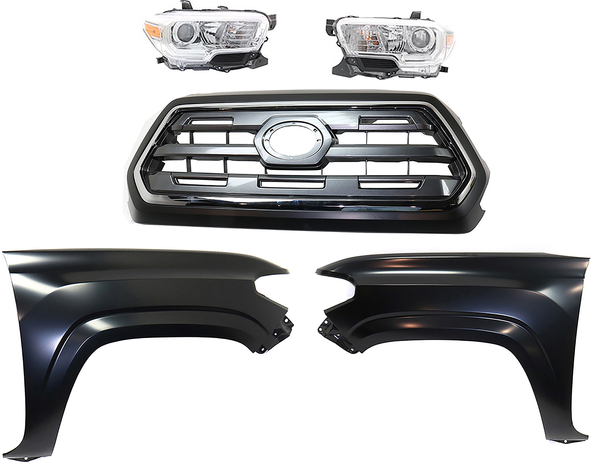 AM TACOMA 16-17 GRILLE Chrome Shell with Painted Black Insert 5 pc Kit with Fenders and Headlights SKU KIT 031323-272 Partslink TO1200409 TO1241261 TO1240261 TO2503242 TO2502242 OEM 5310004540C0-5381104110-538120