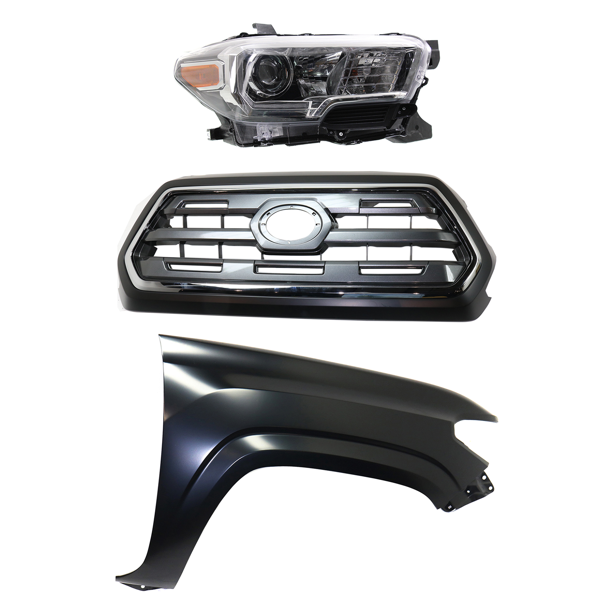 AM TACOMA 16-17 GRILLE Chrome Shell with Painted Black Insert 3 pc Kit with Fender and Headlight SKU KIT 031323-27301 Partslink TO1200409 TO1241261 TO2503244 OEM 5310004540C0-5381104110-811100
