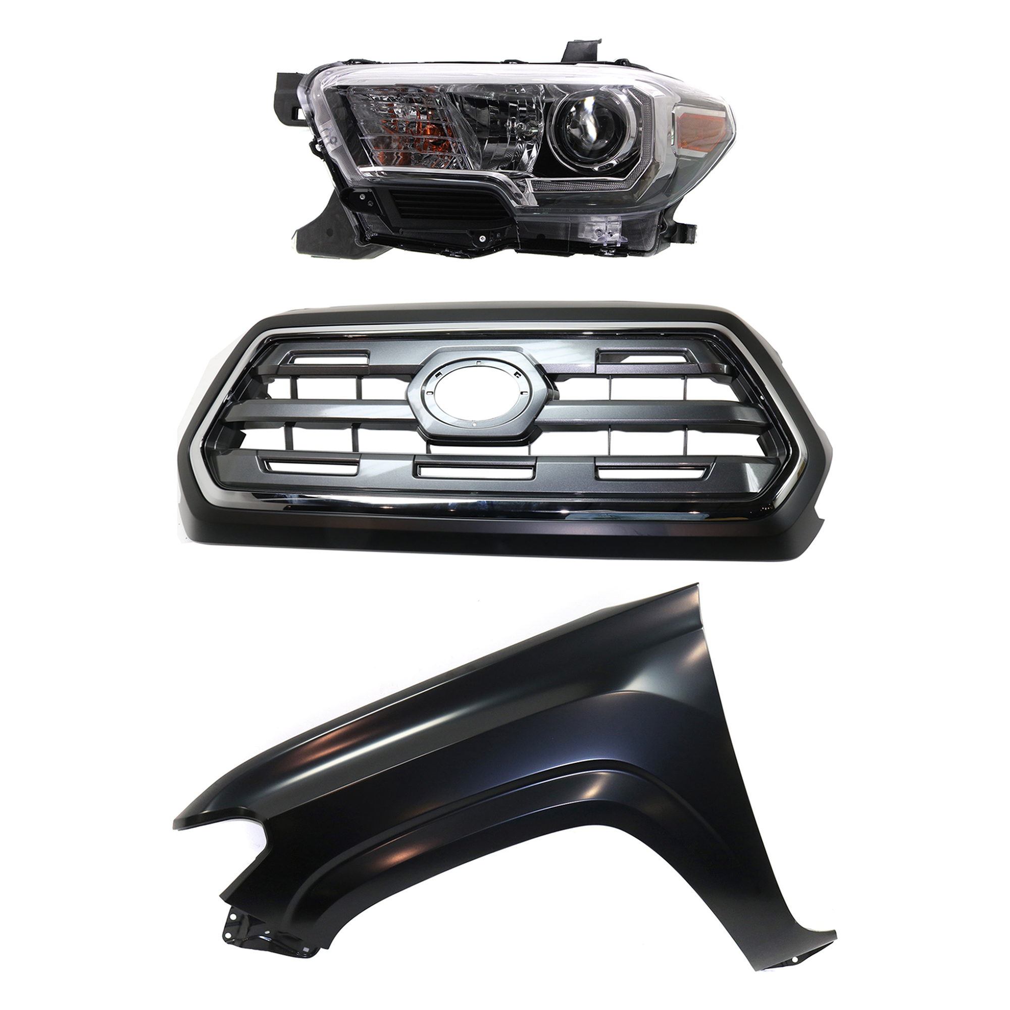 AM TACOMA 16-17 GRILLE Chrome Shell with Painted Black Insert 3 pc Kit with Fender and Headlight SKU KIT 031323-27302 Partslink TO1200409 TO1240261 TO2502244 OEM 5310004540C0-5381204110-811500