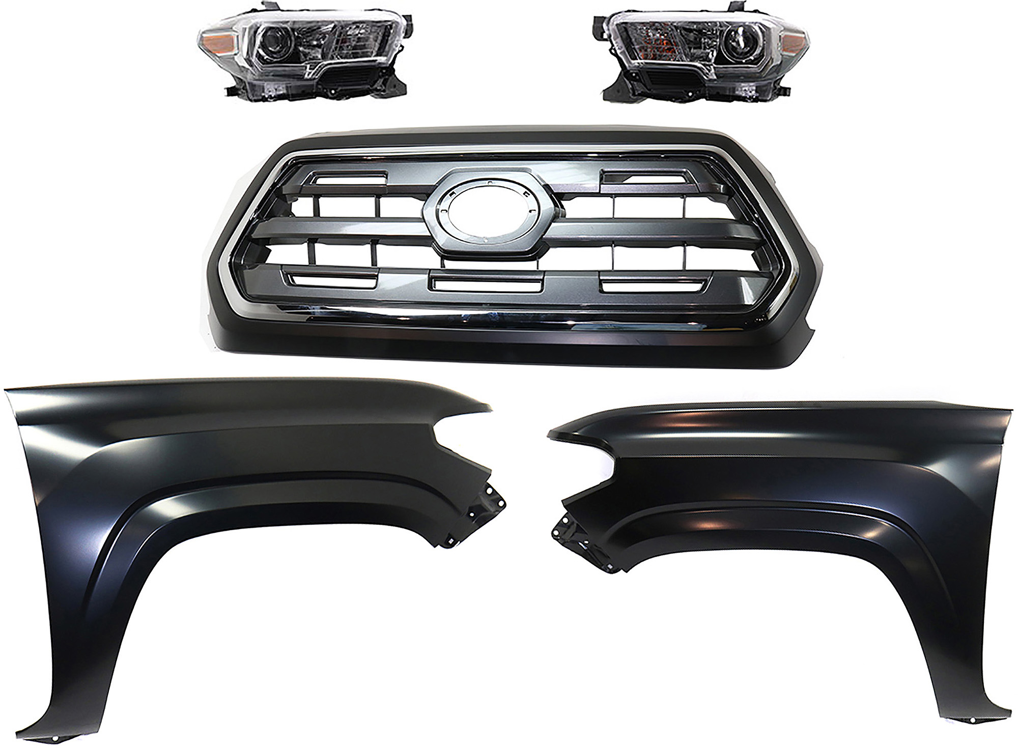AM TACOMA 16-17 GRILLE Chrome Shell with Painted Black Insert 5 pc Kit with Fenders and Headlights SKU KIT 031323-273 Partslink TO1200409 TO1241261 TO1240261 TO2503244 TO2502244 OEM 5310004540C0-5381104110-538120