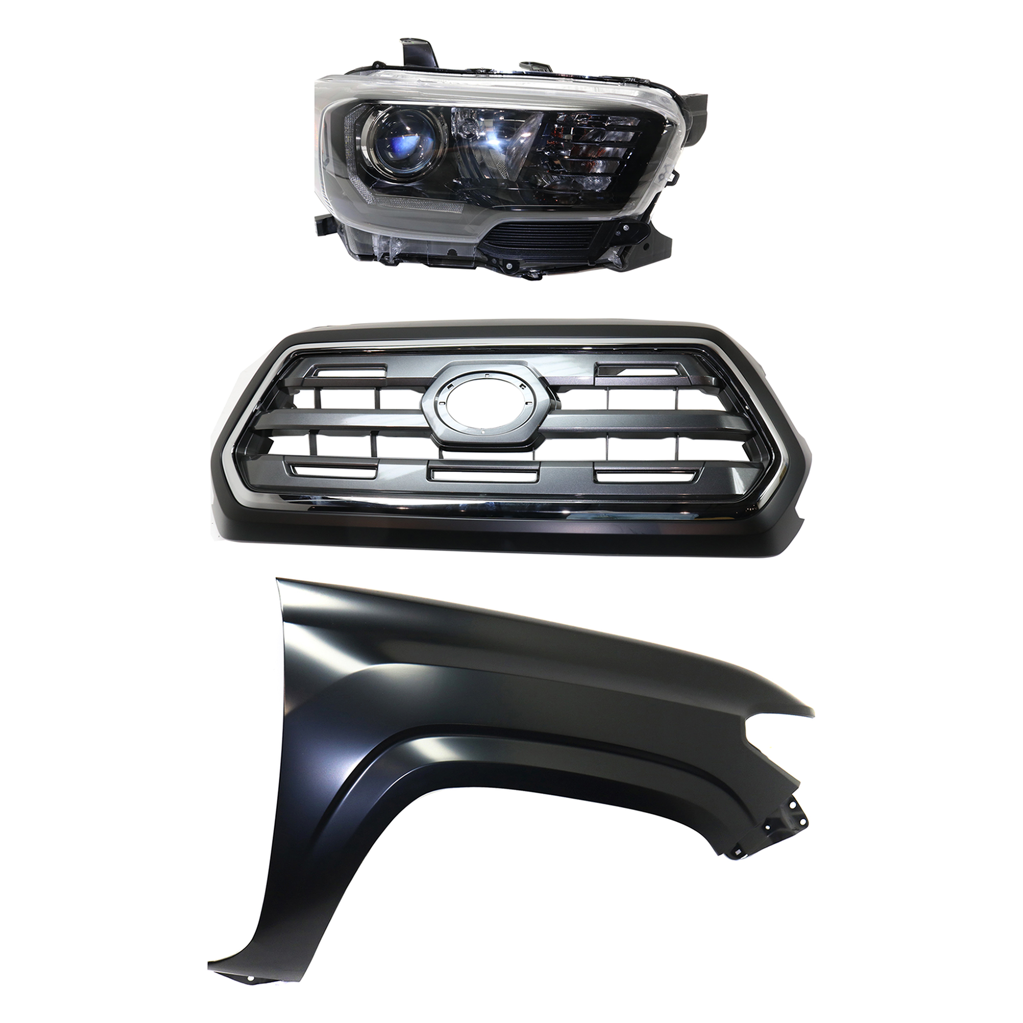 AM TACOMA 17-17 HEAD LAMP RH Assembly Halogen 3 pc Kit with Fender and Grille Assembly SKU KIT 031323-27401 Partslink TO2503254 TO1241261 TO1200409 OEM 8111004280-5381104110-53100045