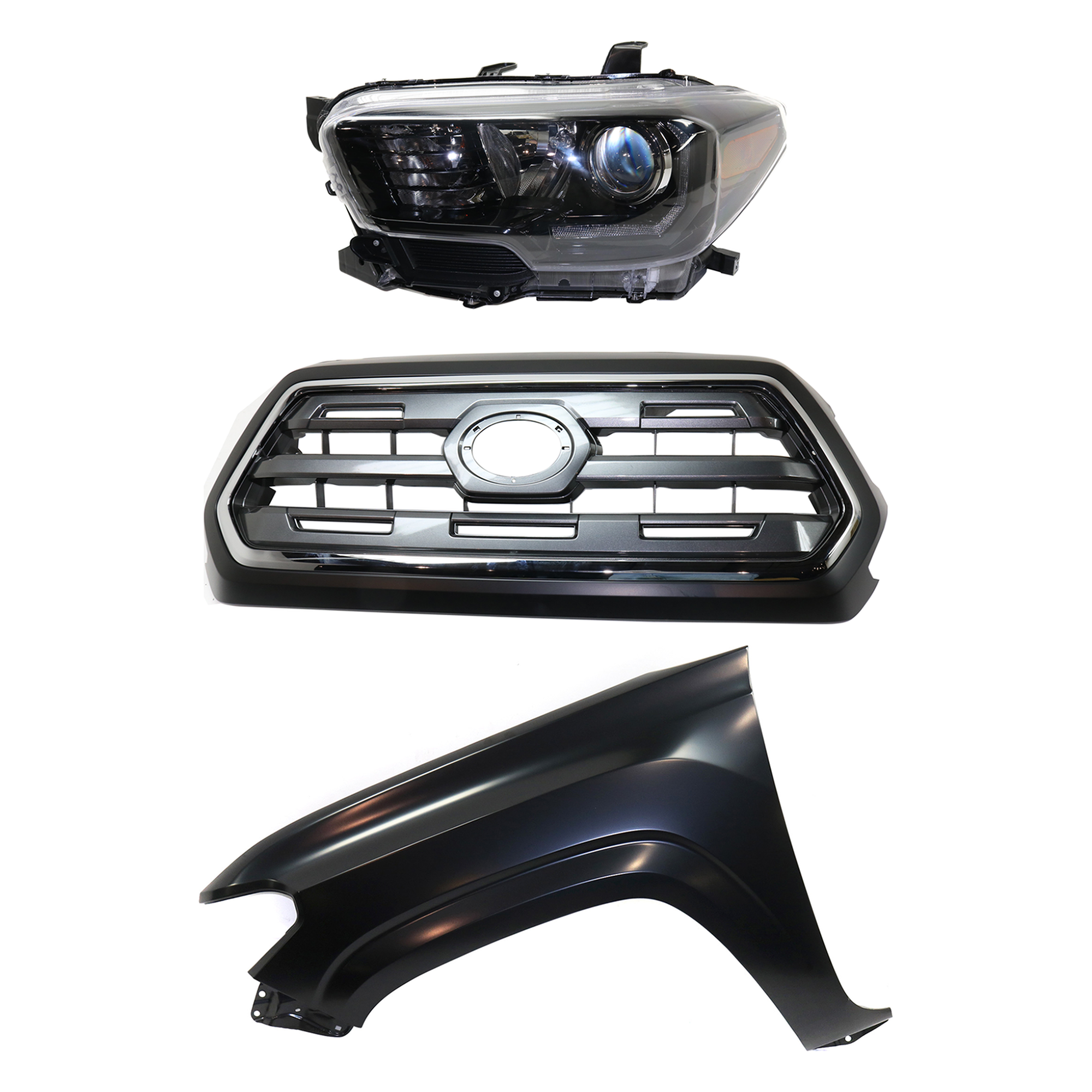 AM TACOMA 17-17 HEAD LAMP LH Assembly Halogen 3 pc Kit with Fender and Grille Assembly SKU KIT 031323-27402 Partslink TO2502254 TO1240261 TO1200409 OEM 8115004280-5381204110-53100045