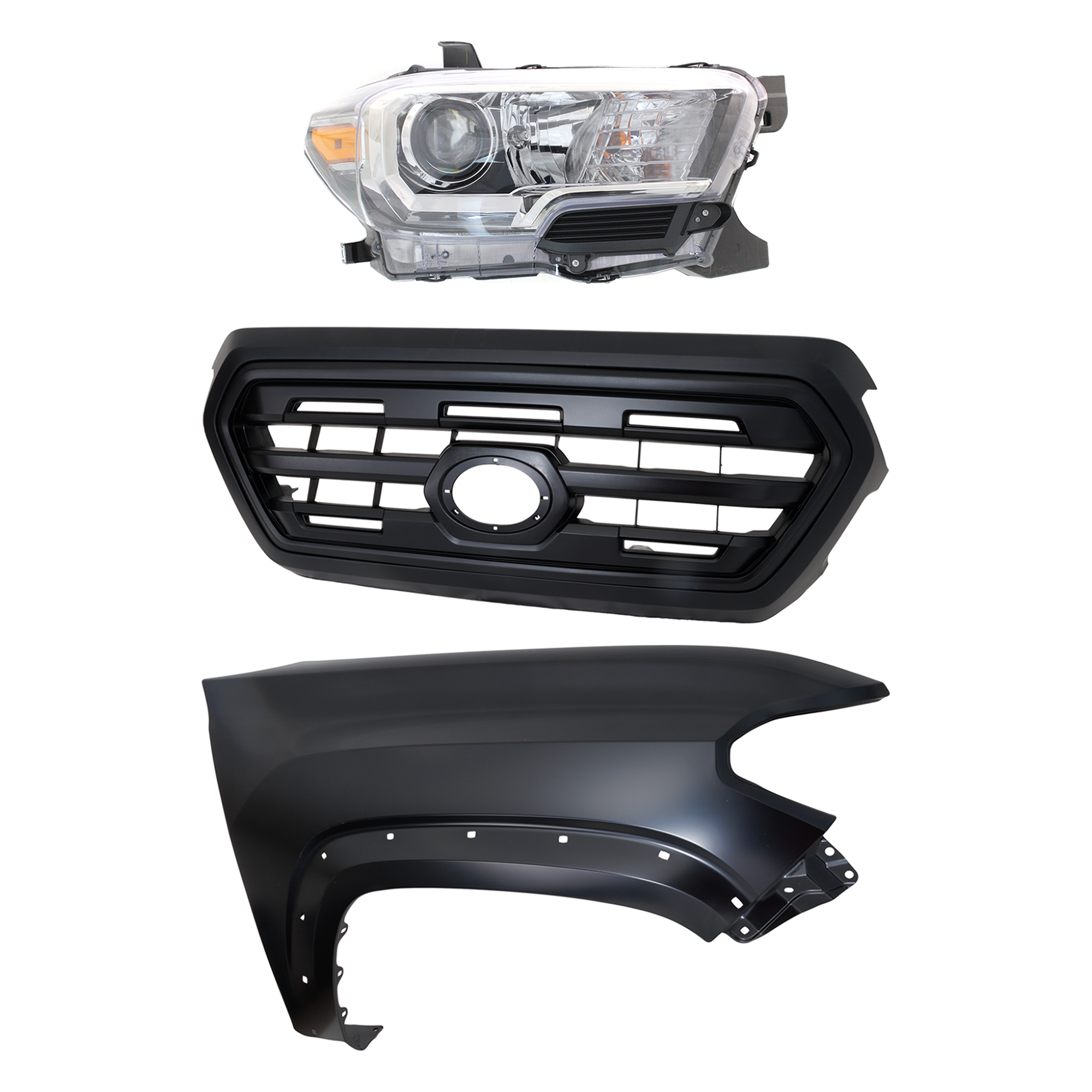 AM TACOMA 16-17 GRILLE Painted Black Shell and Insert 3 pc Kit with Fender and Headlight SKU KIT 031323-27501 Partslink TO1200407 TO1241262 TO2503243 OEM 5310004500C5-5381104120-811100