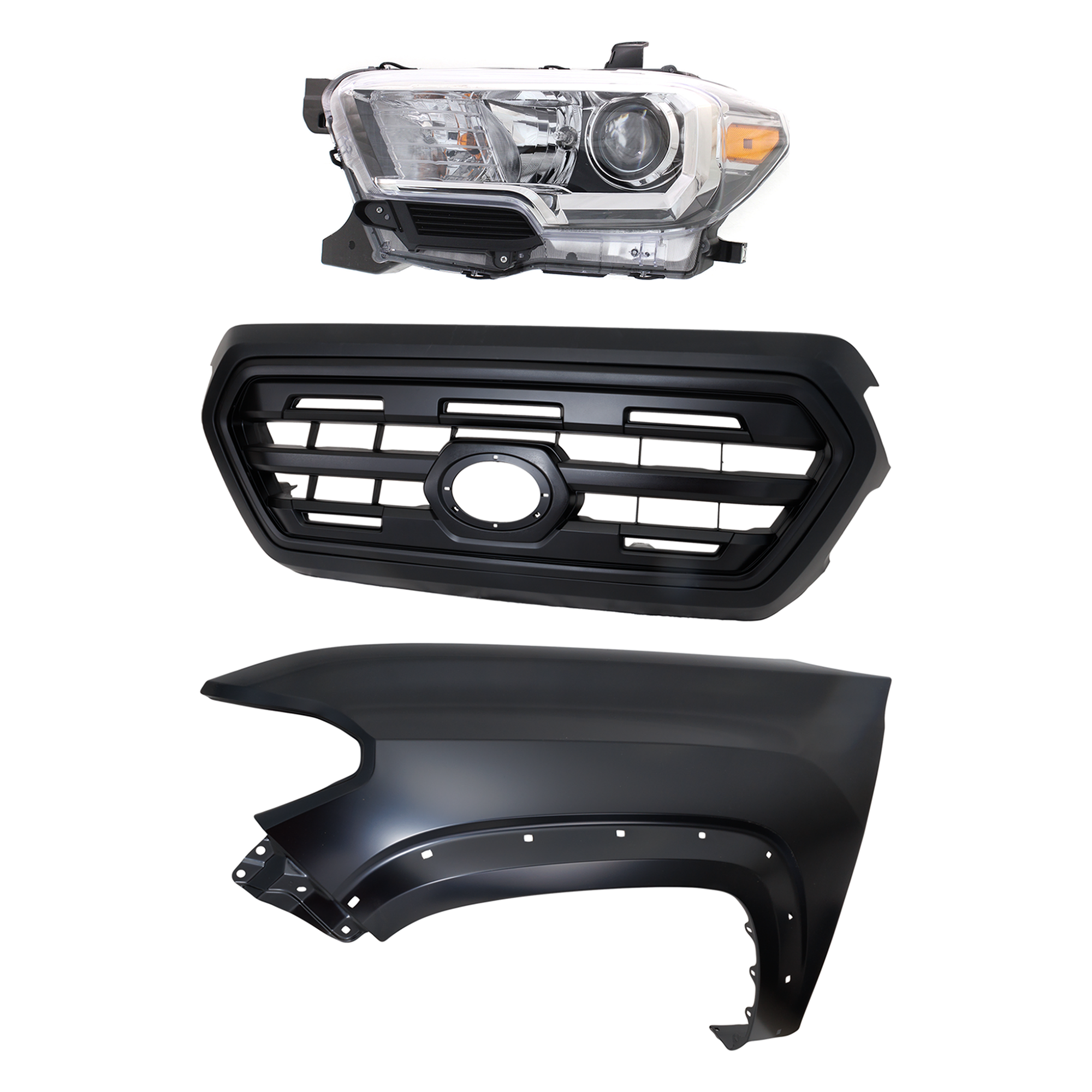 AM TACOMA 16-17 GRILLE Painted Black Shell and Insert 3 pc Kit with Fender and Headlight SKU KIT 031323-27502 Partslink TO1200407 TO1240262 TO2502243 OEM 5310004500C5-5381204120-811500
