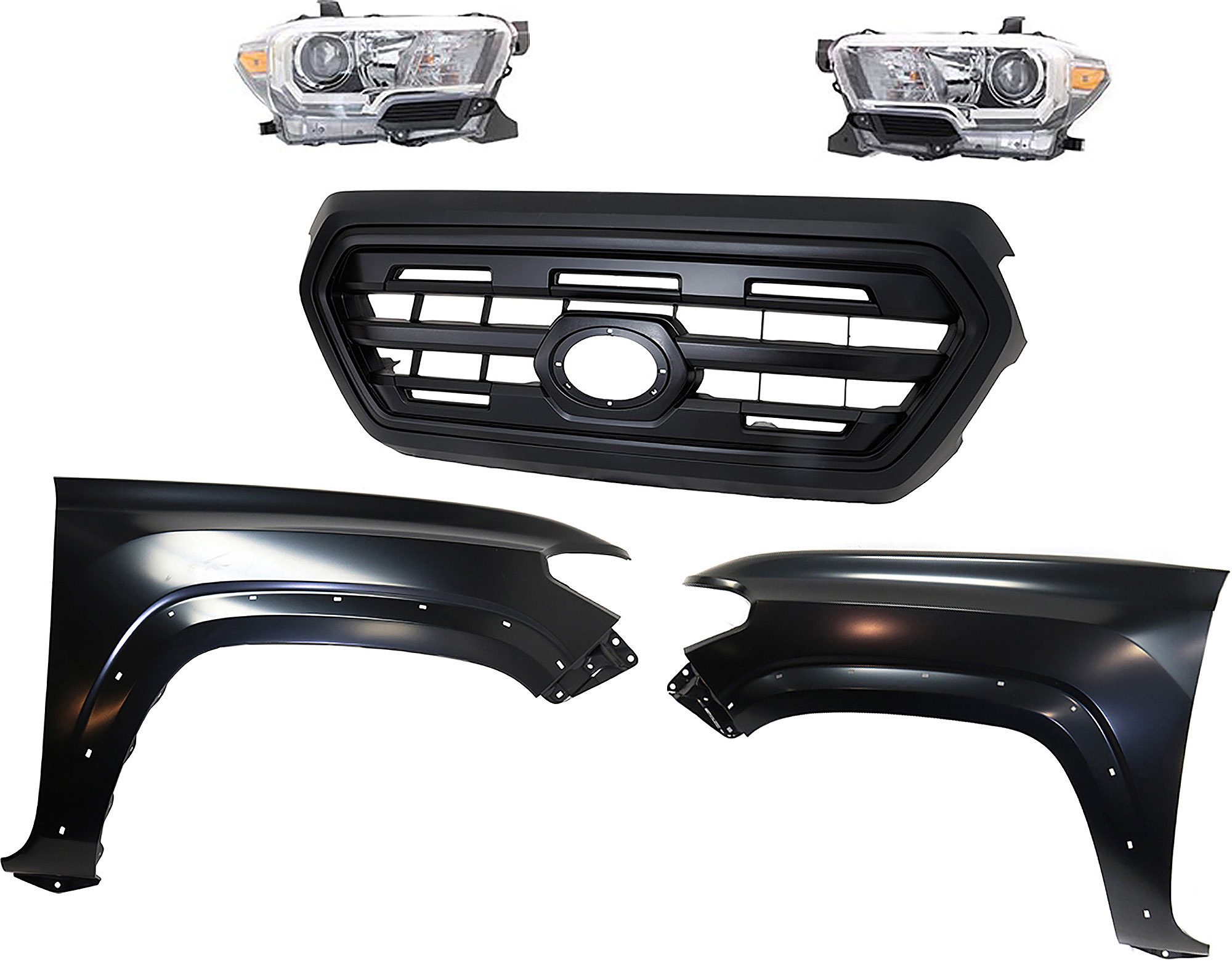 AM TACOMA 16-17 GRILLE Painted Black Shell and Insert 5 pc Kit with Fenders and Headlights SKU KIT 031323-275 Partslink TO1200407 TO1241262 TO1240262 TO2503243 TO2502243 OEM 5310004500C5-5381104120-538120