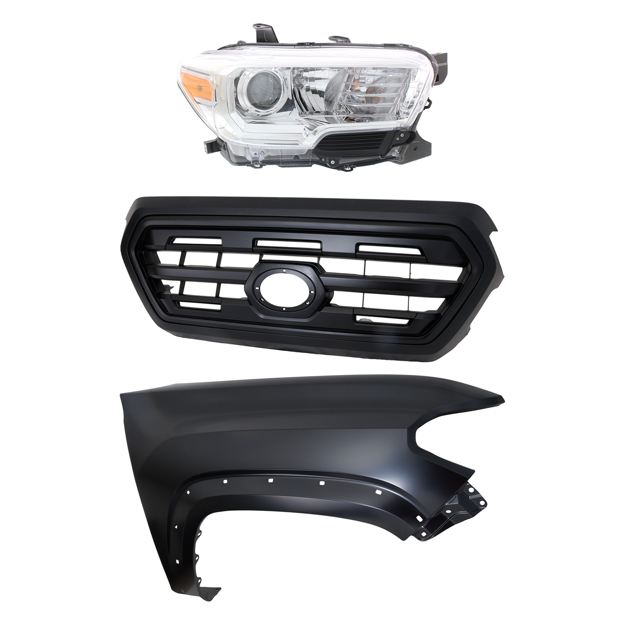 AM TACOMA 16-17 GRILLE Painted Black Shell and Insert 3 pc Kit with Fender and Headlight SKU KIT 031323-27601 Partslink TO1200407 TO1241262 TO2503242 OEM 5310004500C5-5381104120-811100