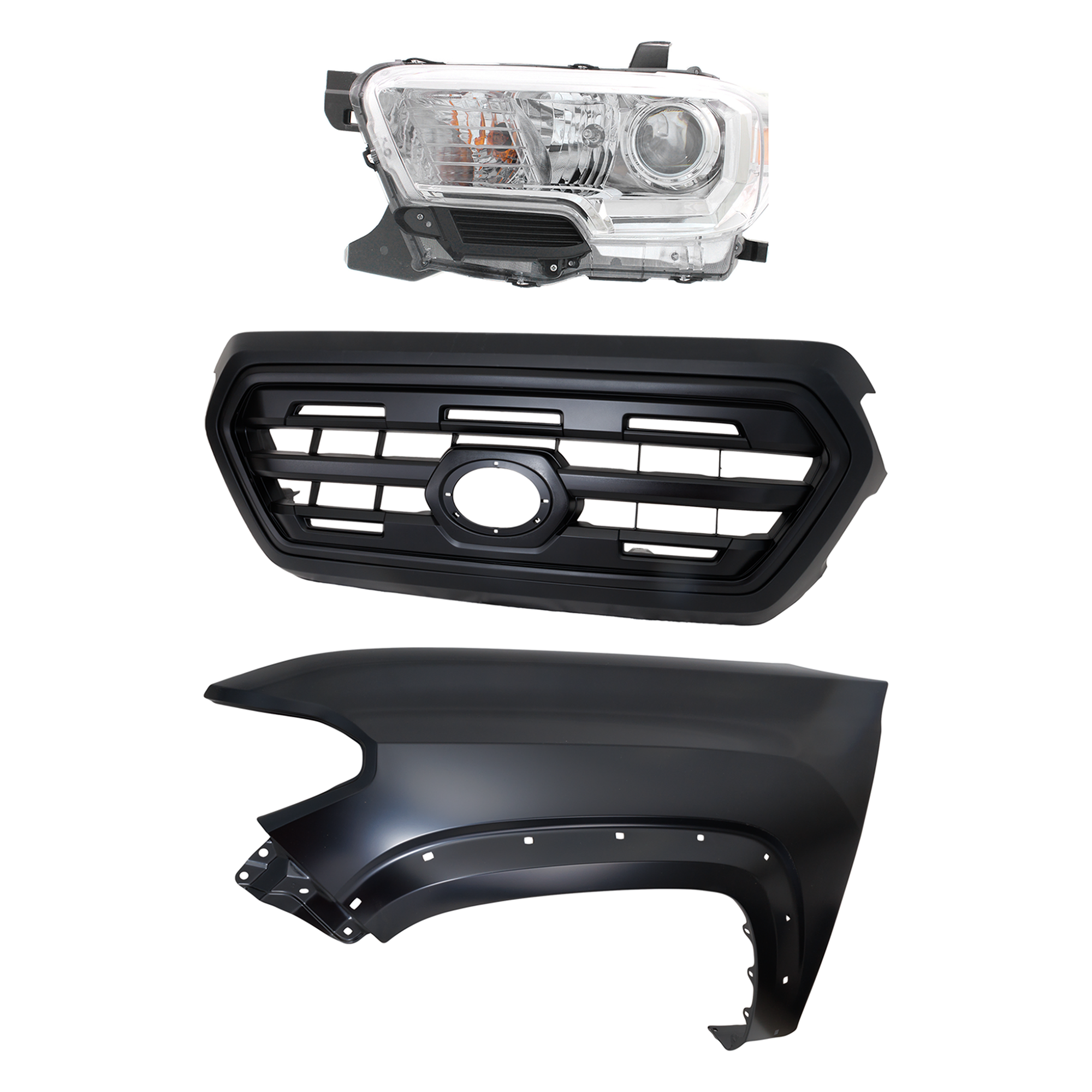 AM TACOMA 16-17 GRILLE Painted Black Shell and Insert 3 pc Kit with Fender and Headlight SKU KIT 031323-27602 Partslink TO1200407 TO1240262 TO2502242 OEM 5310004500C5-5381204120-811500