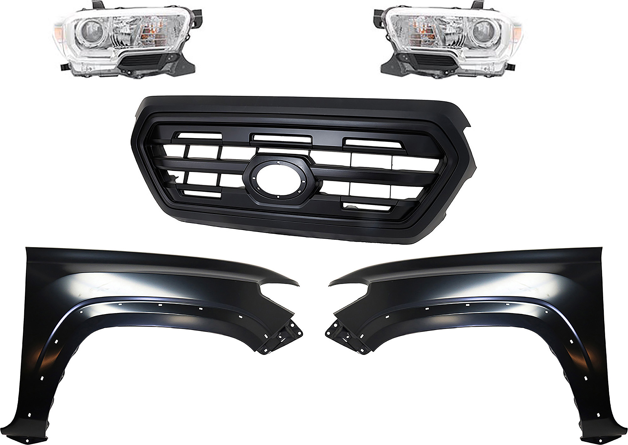 AM TACOMA 16-17 GRILLE Painted Black Shell and Insert 5 pc Kit with Fenders and Headlights SKU KIT 031323-276 Partslink TO1200407 TO1241262 TO1240262 TO2503242 TO2502242 OEM 5310004500C5-5381104120-538120