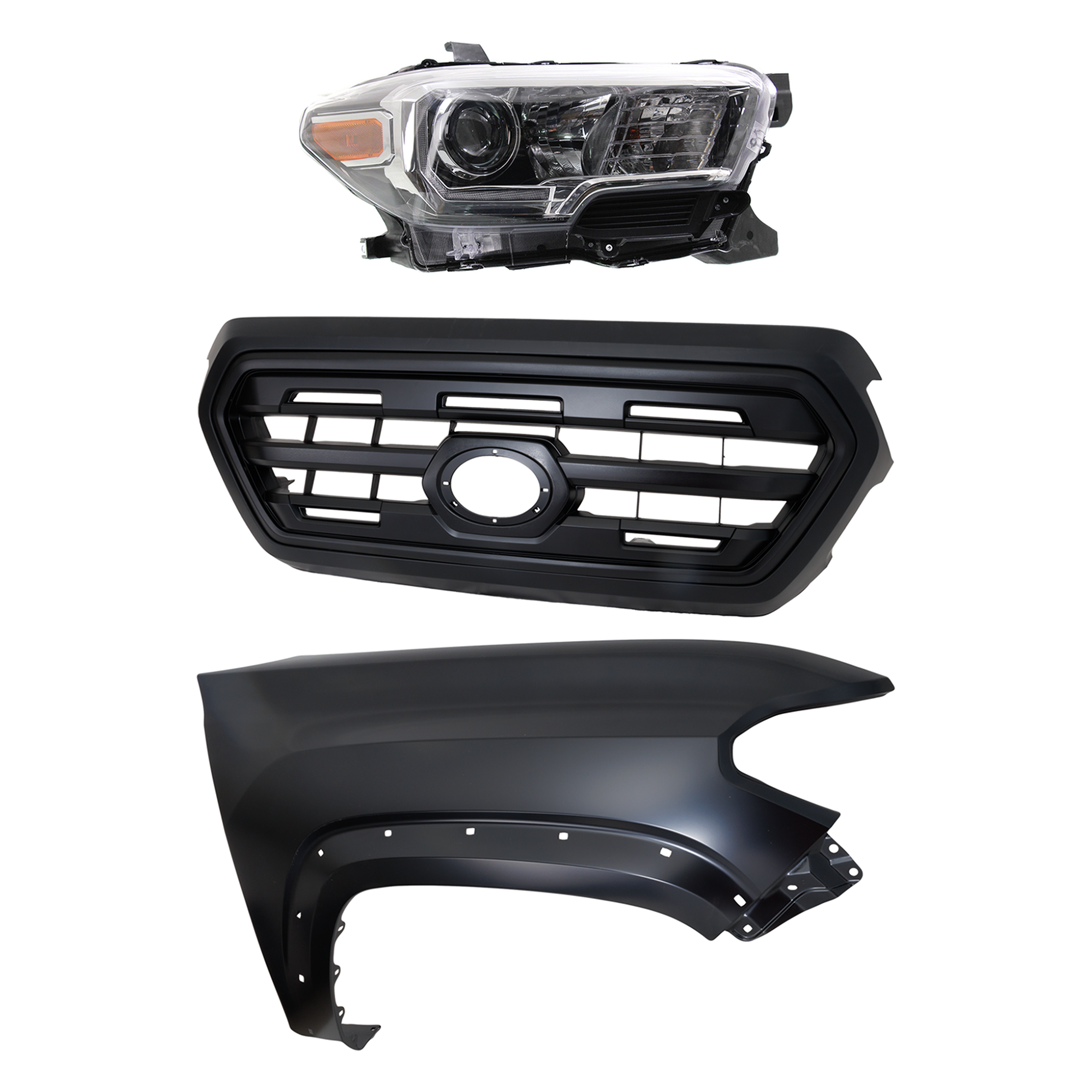 AM TACOMA 16-17 GRILLE Painted Black Shell and Insert 3 pc Kit with Fender and Headlight SKU KIT 031323-27701 Partslink TO1200407 TO1241262 TO2503244 OEM 5310004500C5-5381104120-811100
