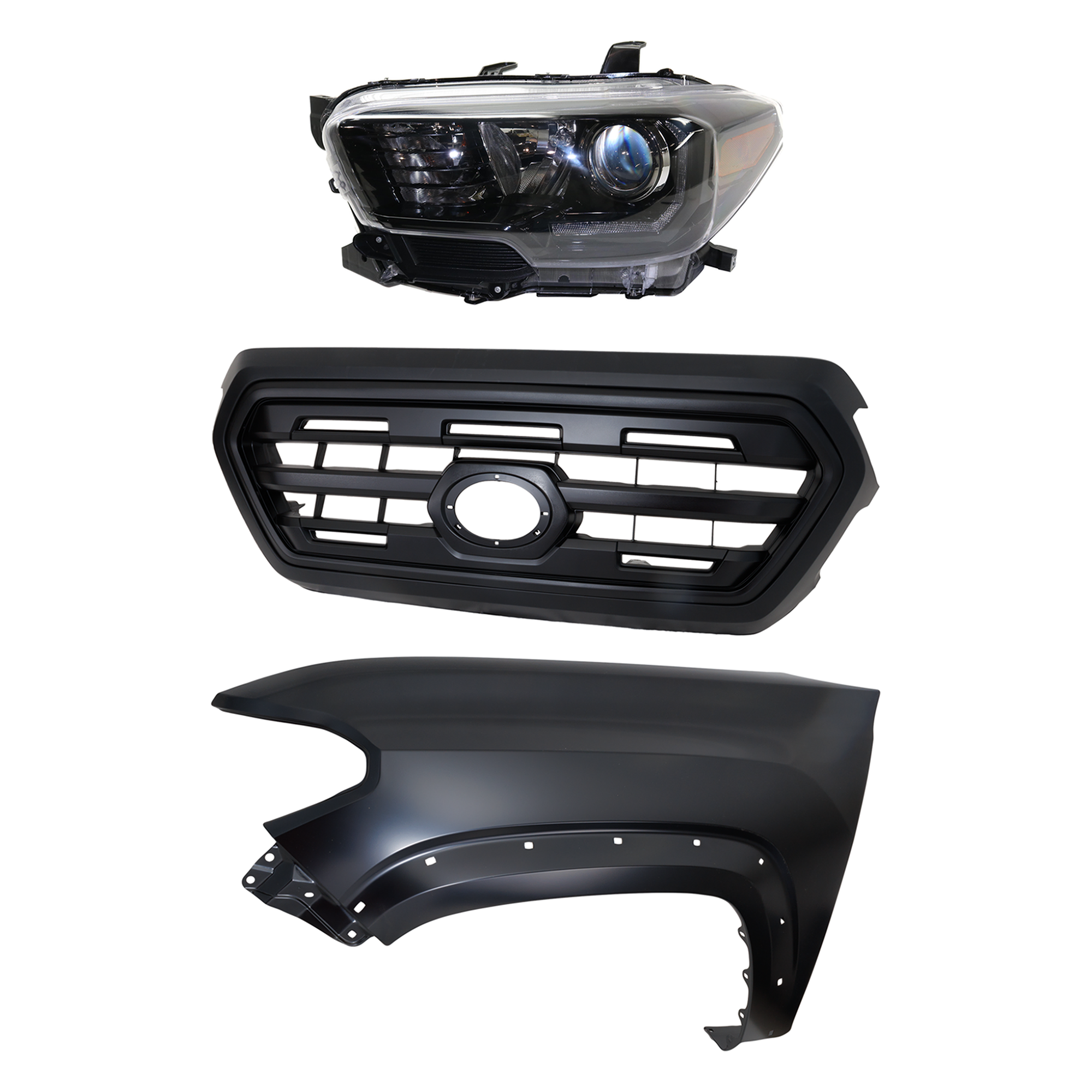 AM TACOMA 17-17 HEAD LAMP LH Assembly Halogen 3 pc Kit with Fender and Grille Assembly SKU KIT 031323-27802 Partslink TO2502254 TO1240262 TO1200407 OEM 8115004280-5381204120-53100045