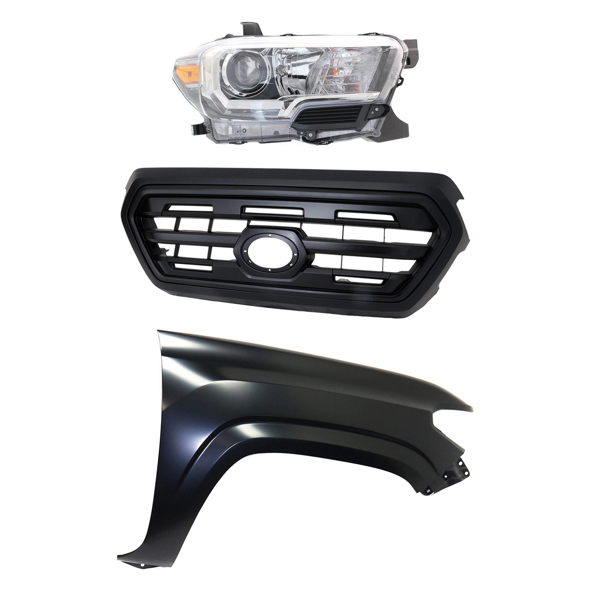 AM TACOMA 16-17 GRILLE Painted Black Shell and Insert 3 pc Kit with Fender and Headlight SKU KIT 031323-28001 Partslink TO1200407 TO1241261 TO2503243 OEM 5310004500C5-5381104110-811100