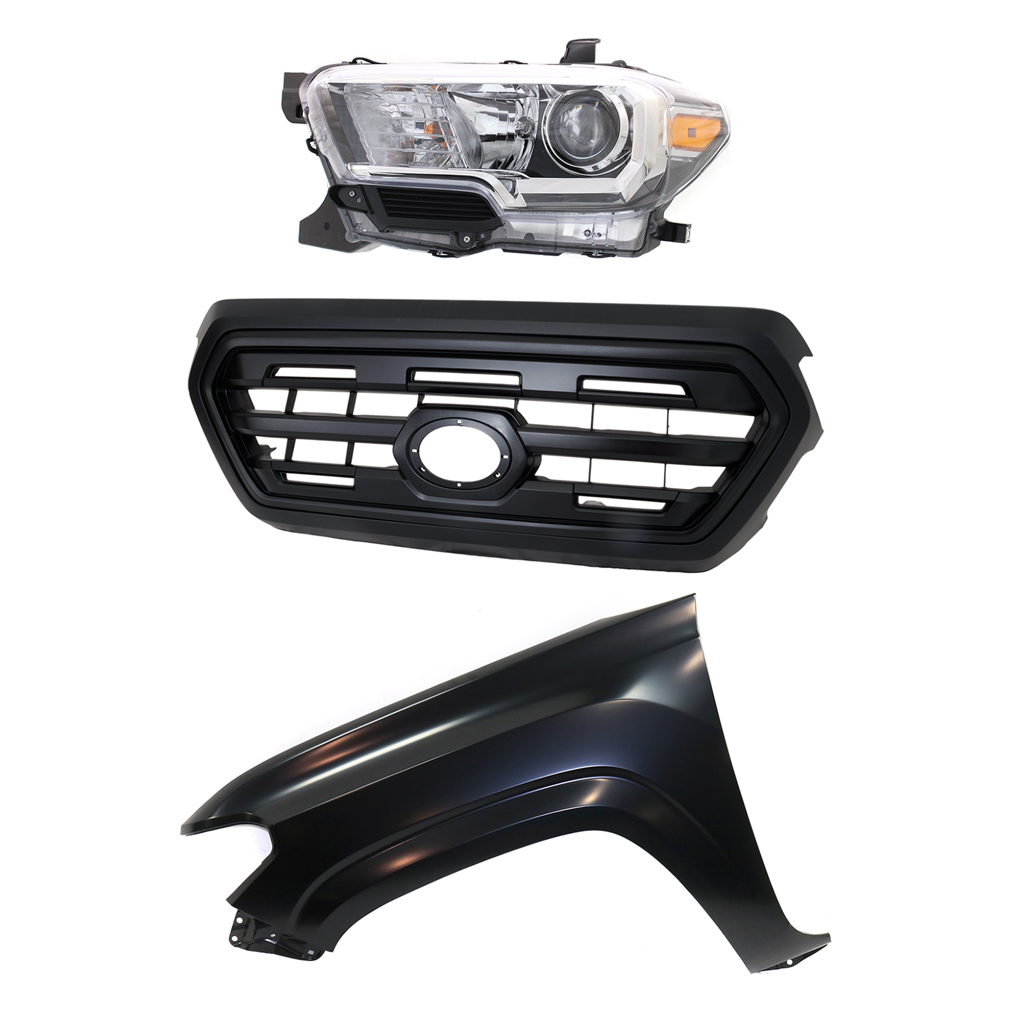 AM TACOMA 16-17 GRILLE Painted Black Shell and Insert 3 pc Kit with Fender and Headlight SKU KIT 031323-28002 Partslink TO1200407 TO1240261 TO2502243 OEM 5310004500C5-5381204110-811500