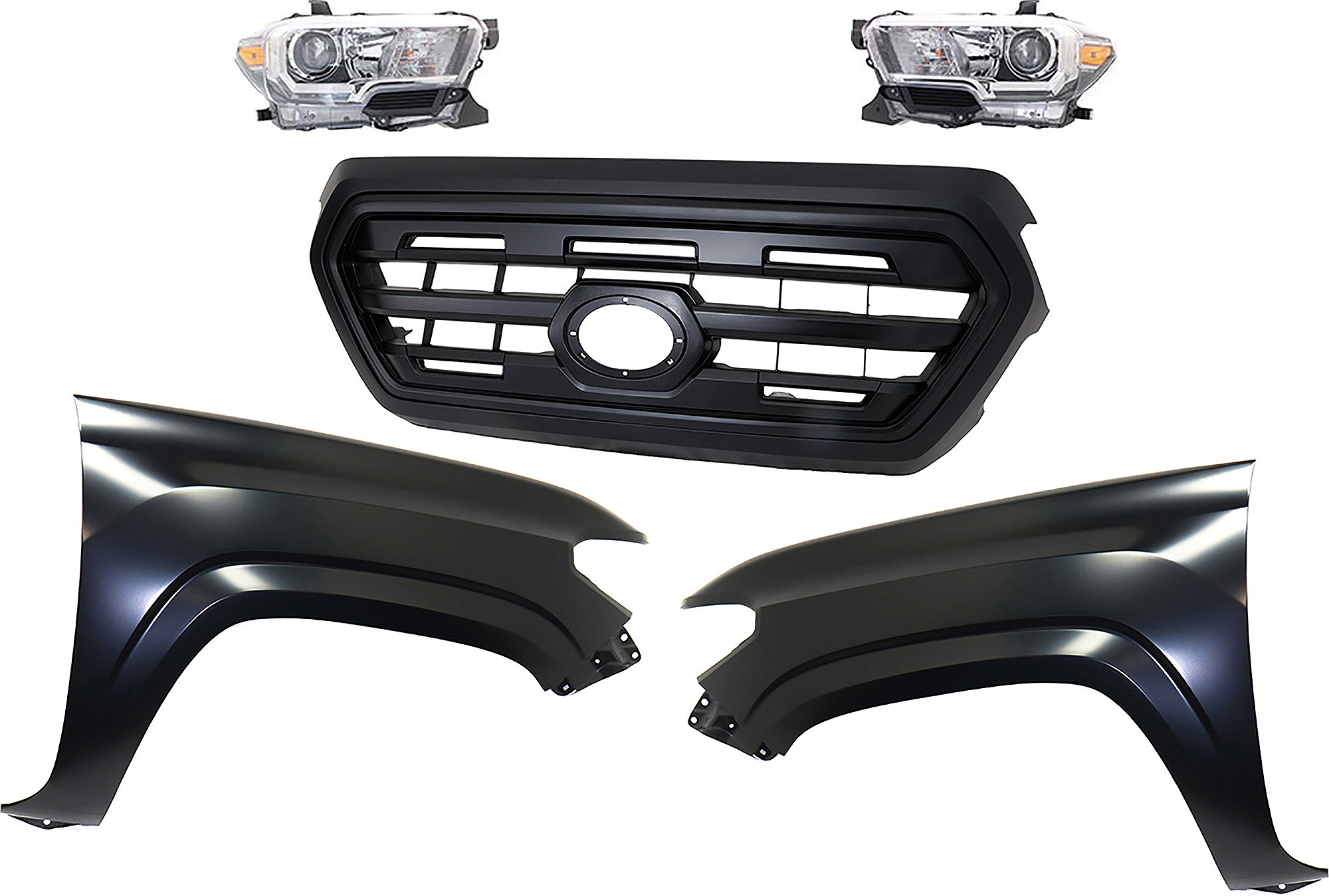 AM TACOMA 16-17 GRILLE Painted Black Shell and Insert 5 pc Kit with Fenders and Headlights SKU KIT 031323-280 Partslink TO1200407 TO1241261 TO1240261 TO2503243 TO2502243 OEM 5310004500C5-5381104110-538120