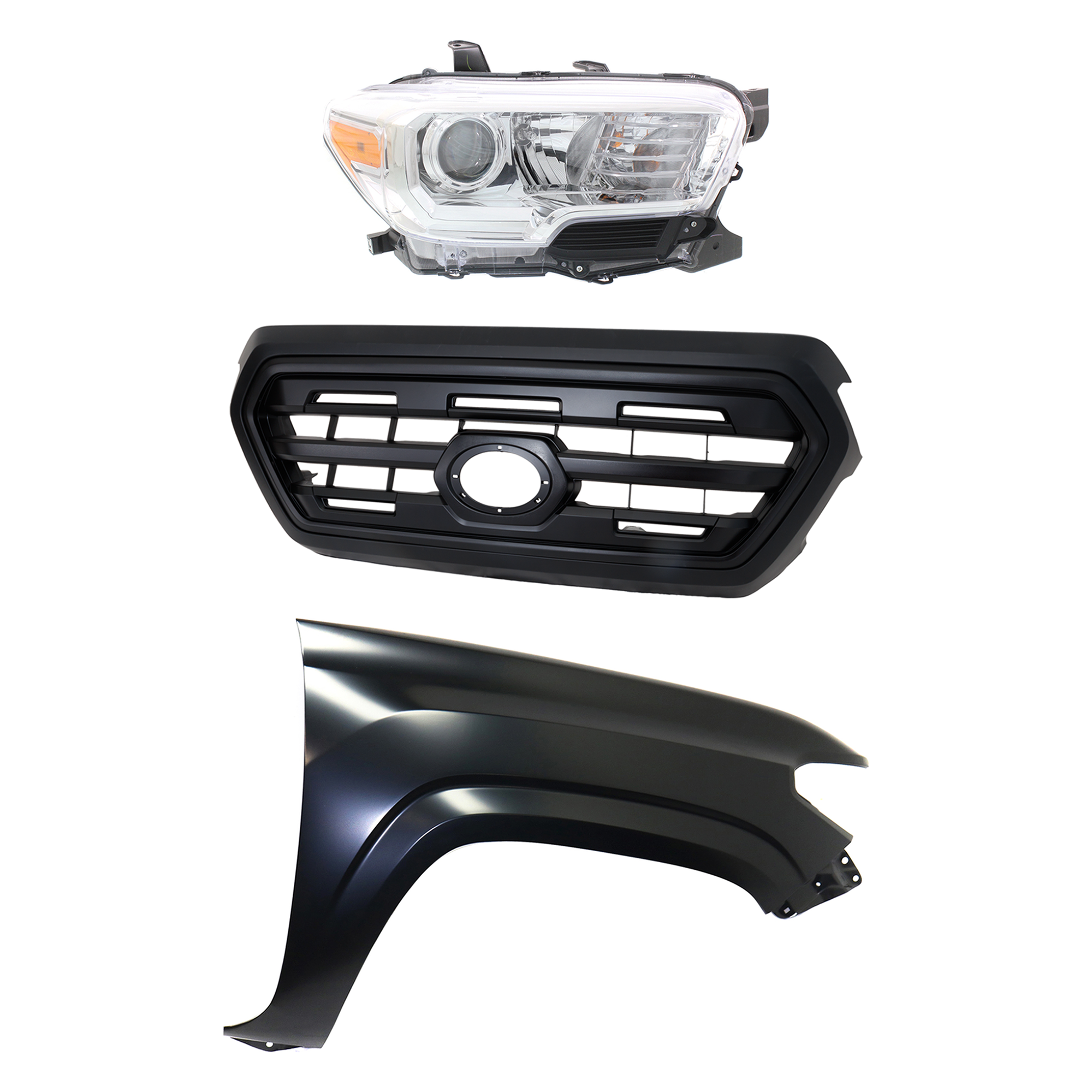 AM TACOMA 16-17 GRILLE Painted Black Shell and Insert 3 pc Kit with Fender and Headlight SKU KIT 031323-28101 Partslink TO1200407 TO1241261 TO2503242 OEM 5310004500C5-5381104110-811100
