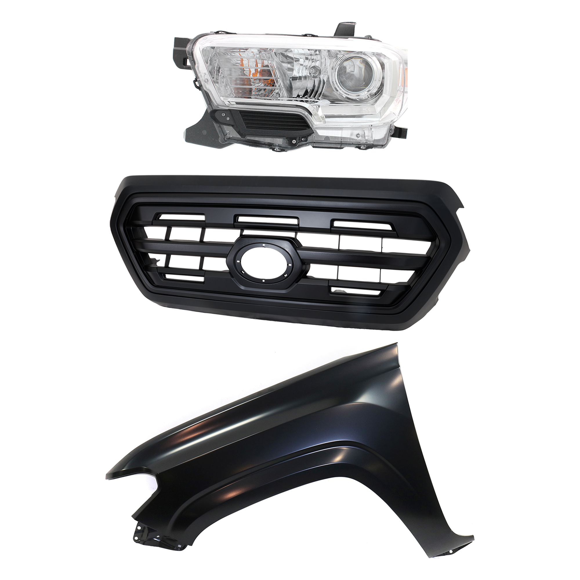 AM TACOMA 16-17 GRILLE Painted Black Shell and Insert 3 pc Kit with Fender and Headlight SKU KIT 031323-28102 Partslink TO1200407 TO1240261 TO2502242 OEM 5310004500C5-5381204110-811500