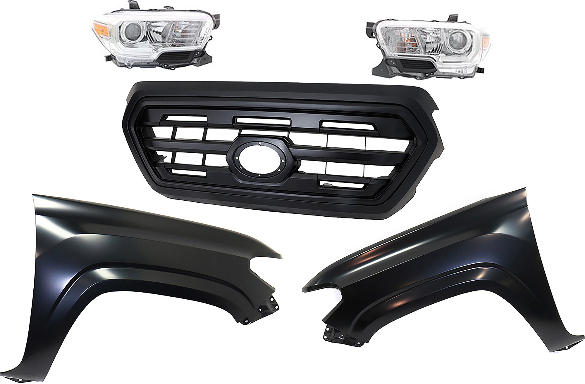 AM TACOMA 16-17 GRILLE Painted Black Shell and Insert 5 pc Kit with Fenders and Headlights SKU KIT 031323-281 Partslink TO1200407 TO1241261 TO1240261 TO2503242 TO2502242 OEM 5310004500C5-5381104110-538120