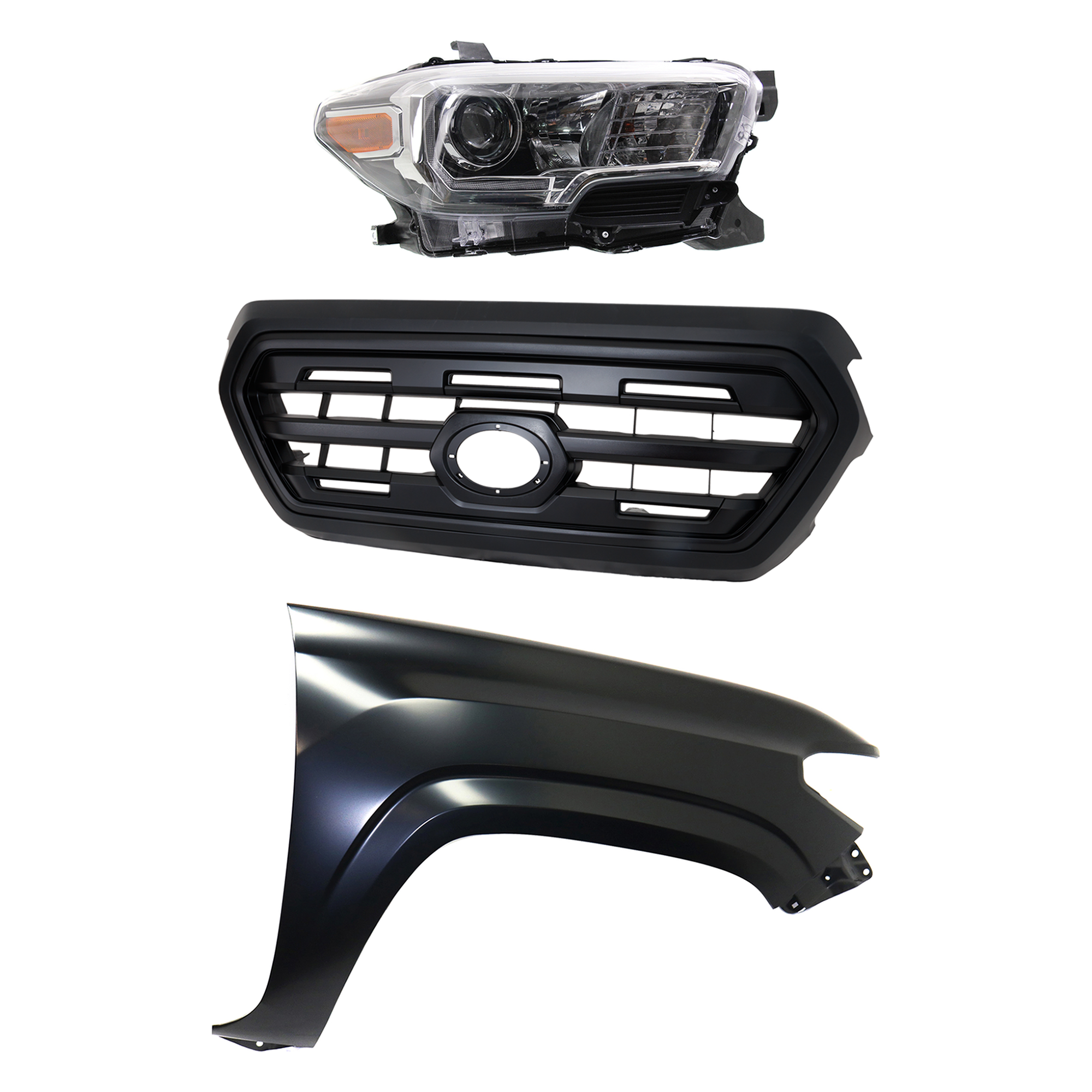 AM TACOMA 16-17 GRILLE Painted Black Shell and Insert 3 pc Kit with Fender and Headlight SKU KIT 031323-28201 Partslink TO1200407 TO1241261 TO2503244 OEM 5310004500C5-5381104110-811100